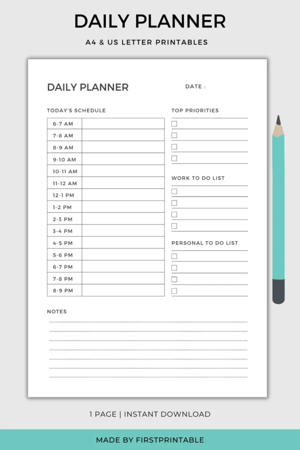 A minimalist daily planner with spaces for date, to-do list, schedule, and notes. Available in A4 and US Letter sizes.