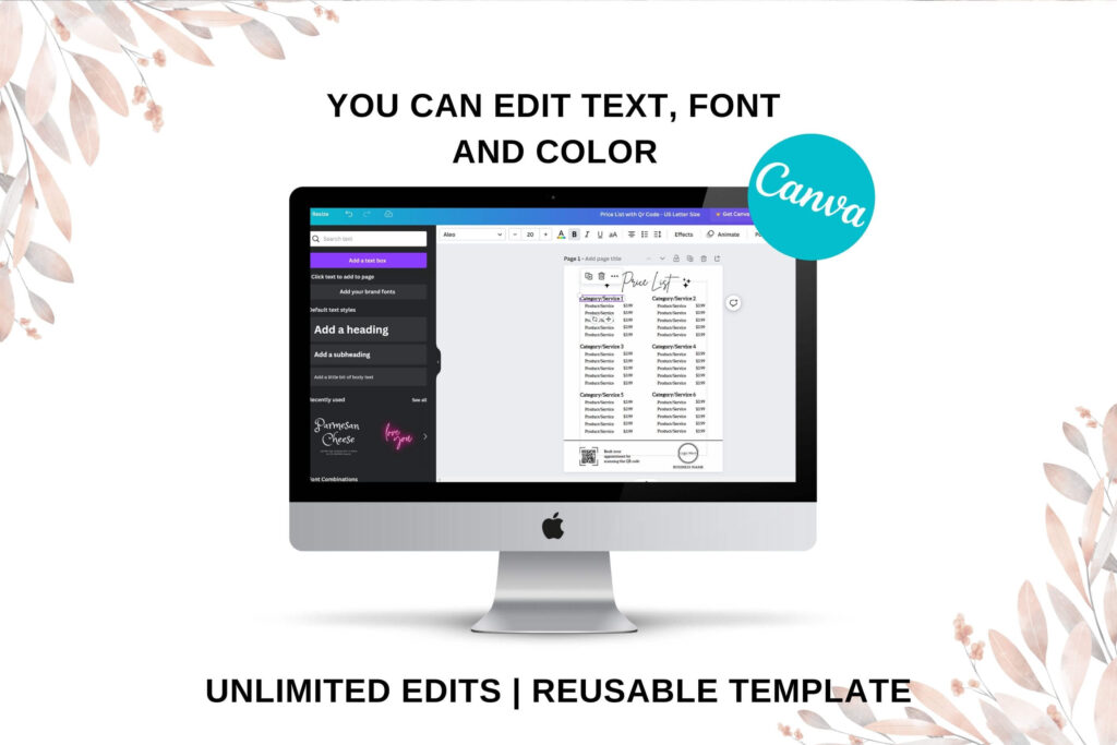 Editable Price List Template With QR Code Scan To Pay