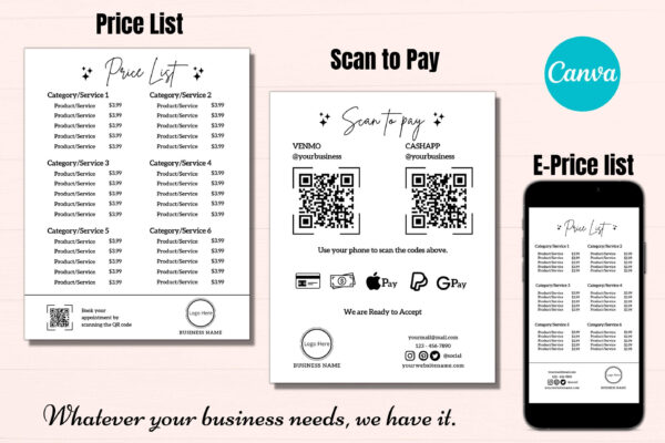 If you are looking for a professional and easy way to create a price list for your beauty salon, nail salon, makeup studio or hair stylist business, look no further than this editable price list canva template. This template is designed to help you showcase your services and prices in a clear and attractive way. You can customize it with your own logo, colors, fonts and images using the free online tool Canva. No design skills required!