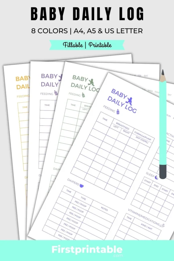 A digital image of a minimalist, fillable Baby Daily Log that can be printed for free.