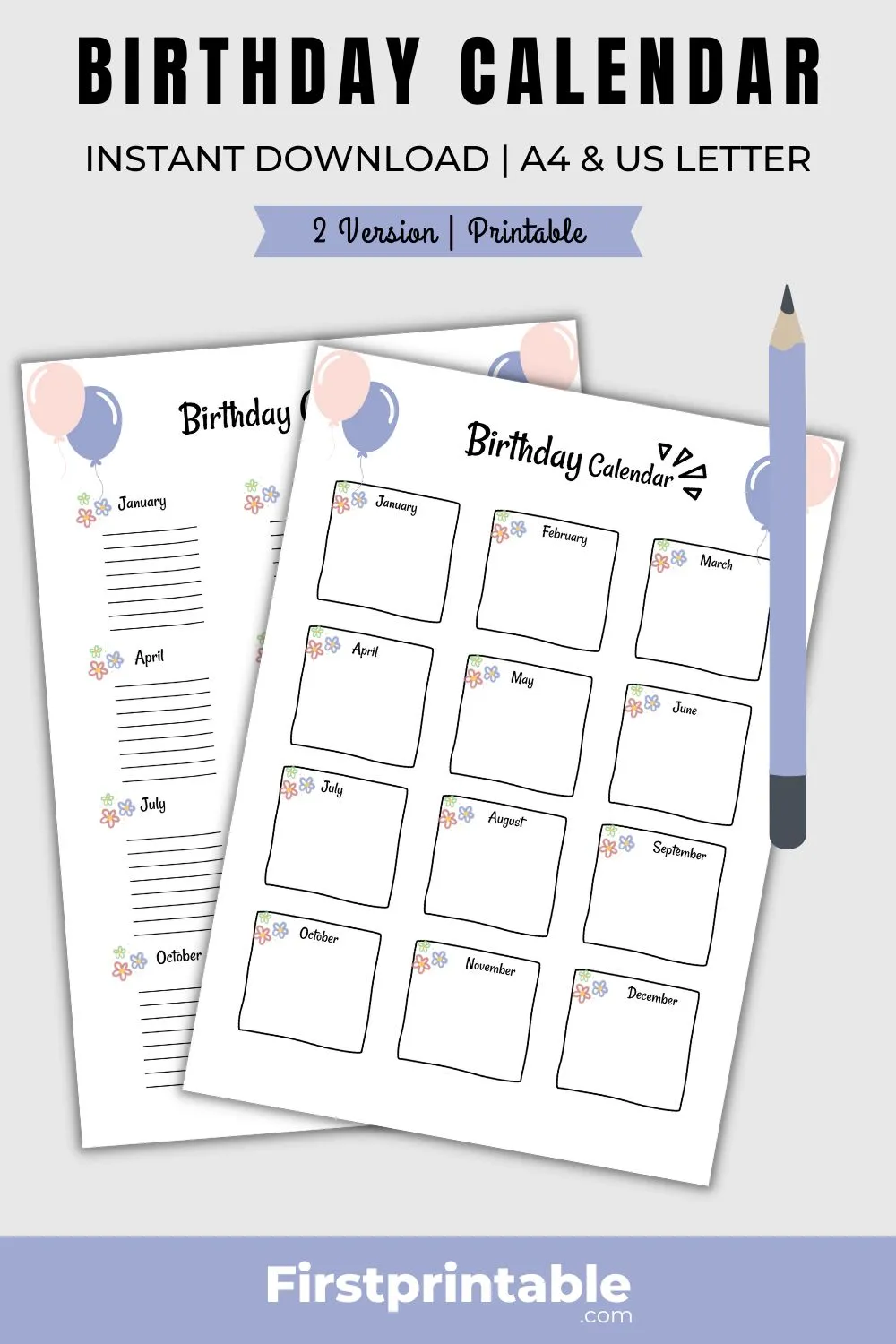 A blank birthday calendar template with colorful balloons and confetti decorations, ready to be filled with birthdays and printed out for personal use.