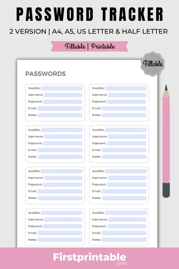 An image of a printable and fillable password tracker in two versions.