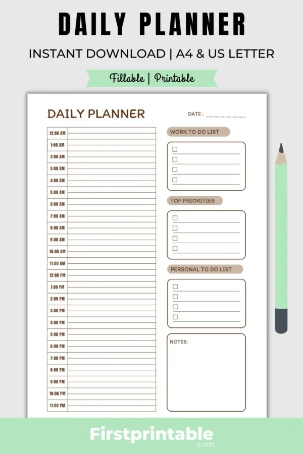 A preview of a printable and fillable hourly daily planner with sections for tasks and notes, available in A4 and US letter size.