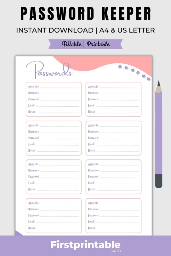 An image of a digital document displaying a free printable and fillable password keeper and organizer.