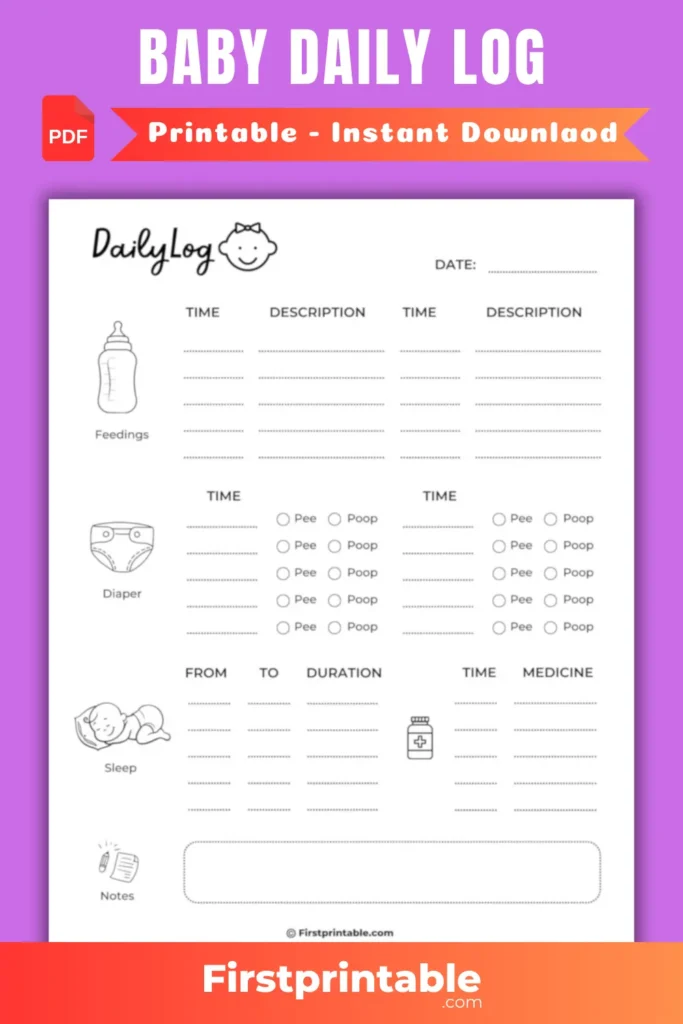 A printable baby daily log with a minimalist design. This tracker can be used to track your baby's feedings, sleep, diaper changes, and other activities.