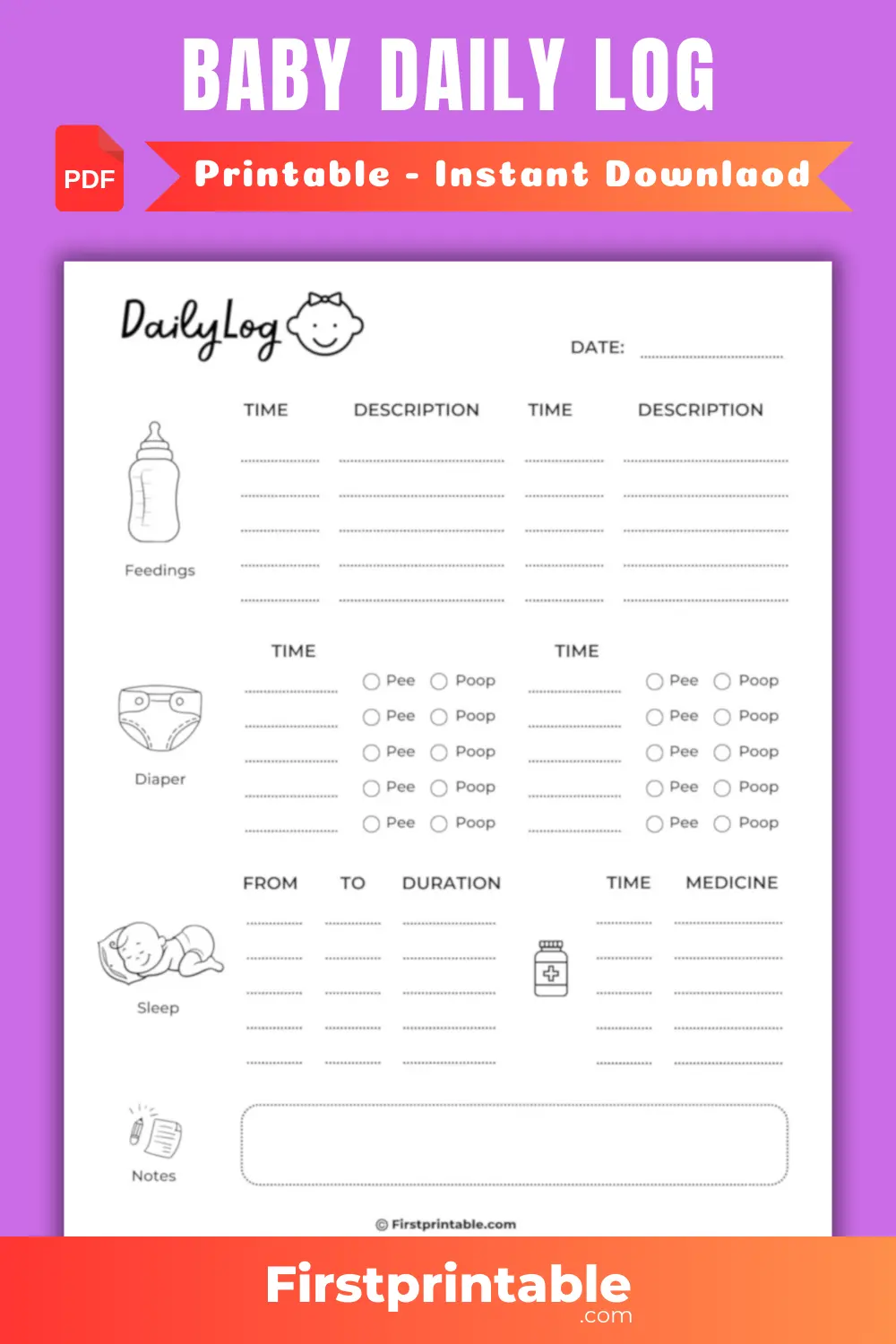 Baby Daily Log cute Design Printable PDF