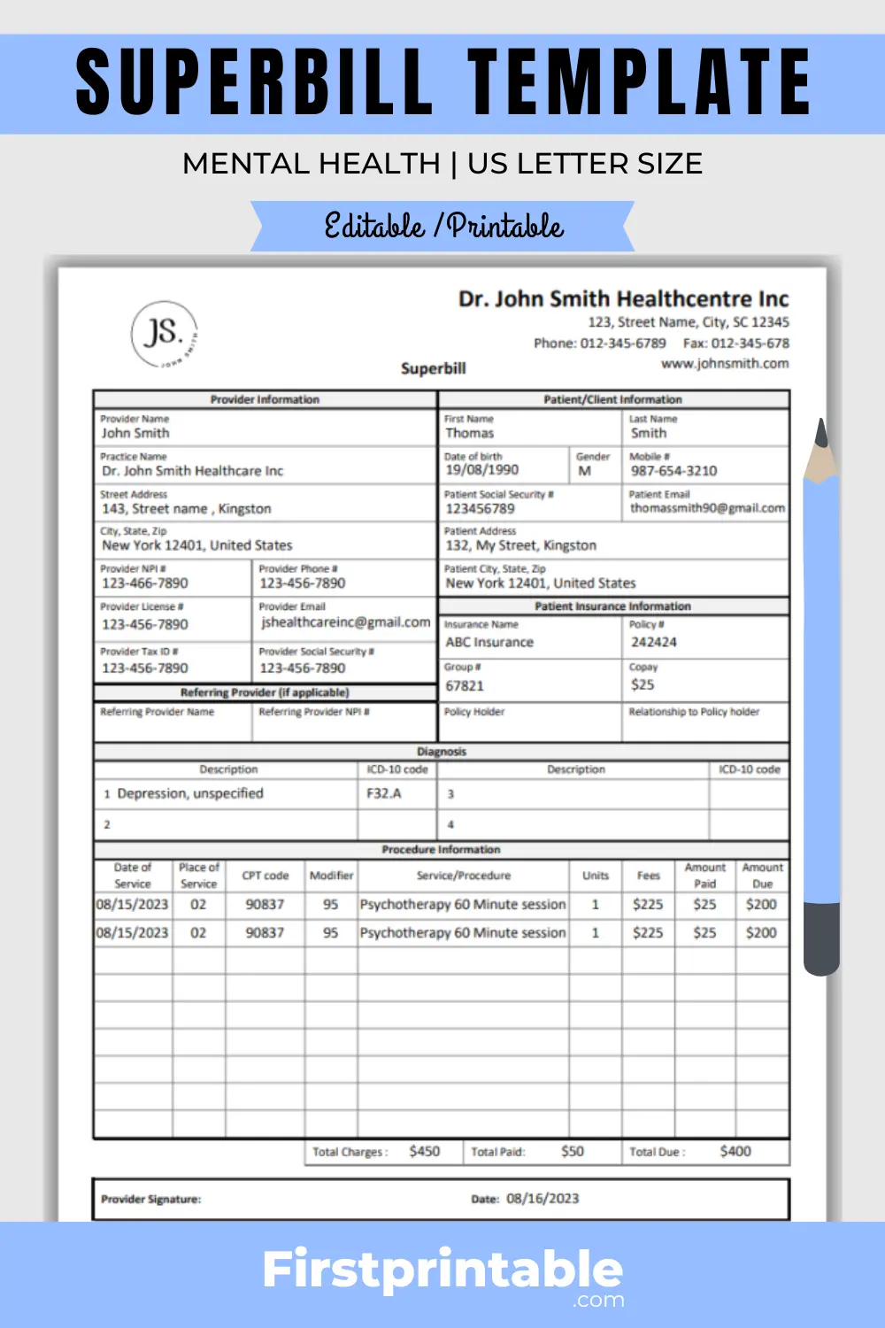 Printable Superbill Template Mental Health Fillable PDF 