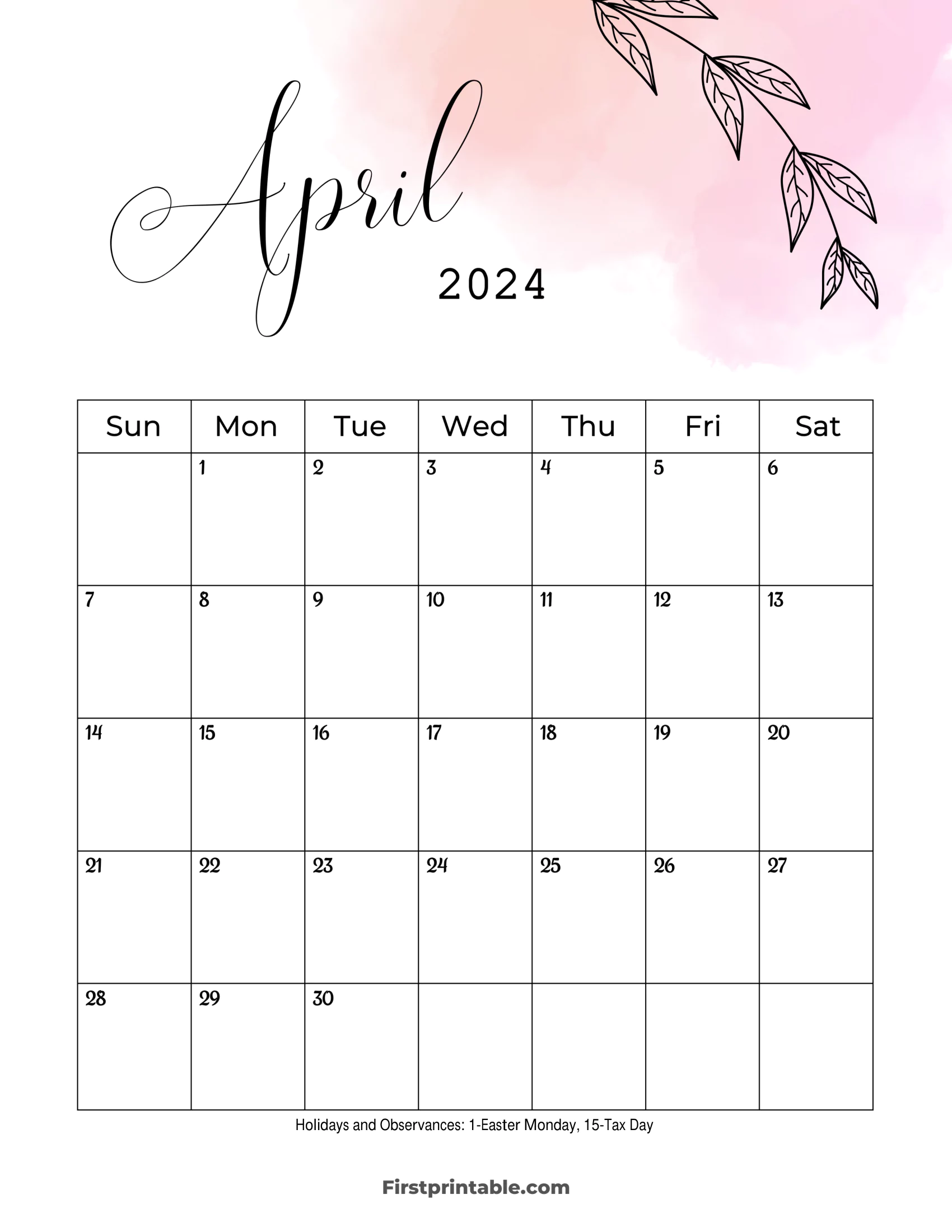 Free Printable & Fillable April Calendar 2024