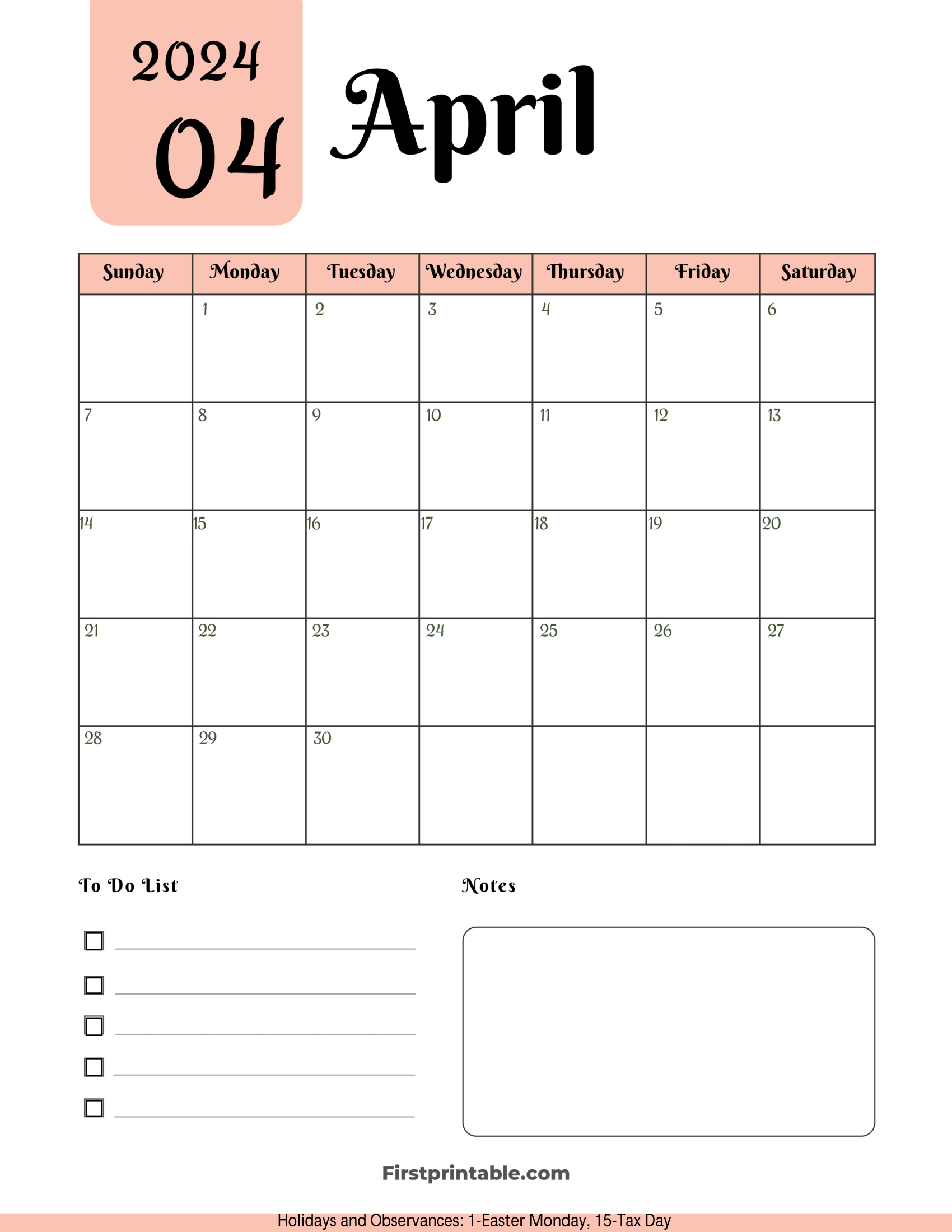 April Calendar 2024 Printable & Fillable Aesthetic Portrait