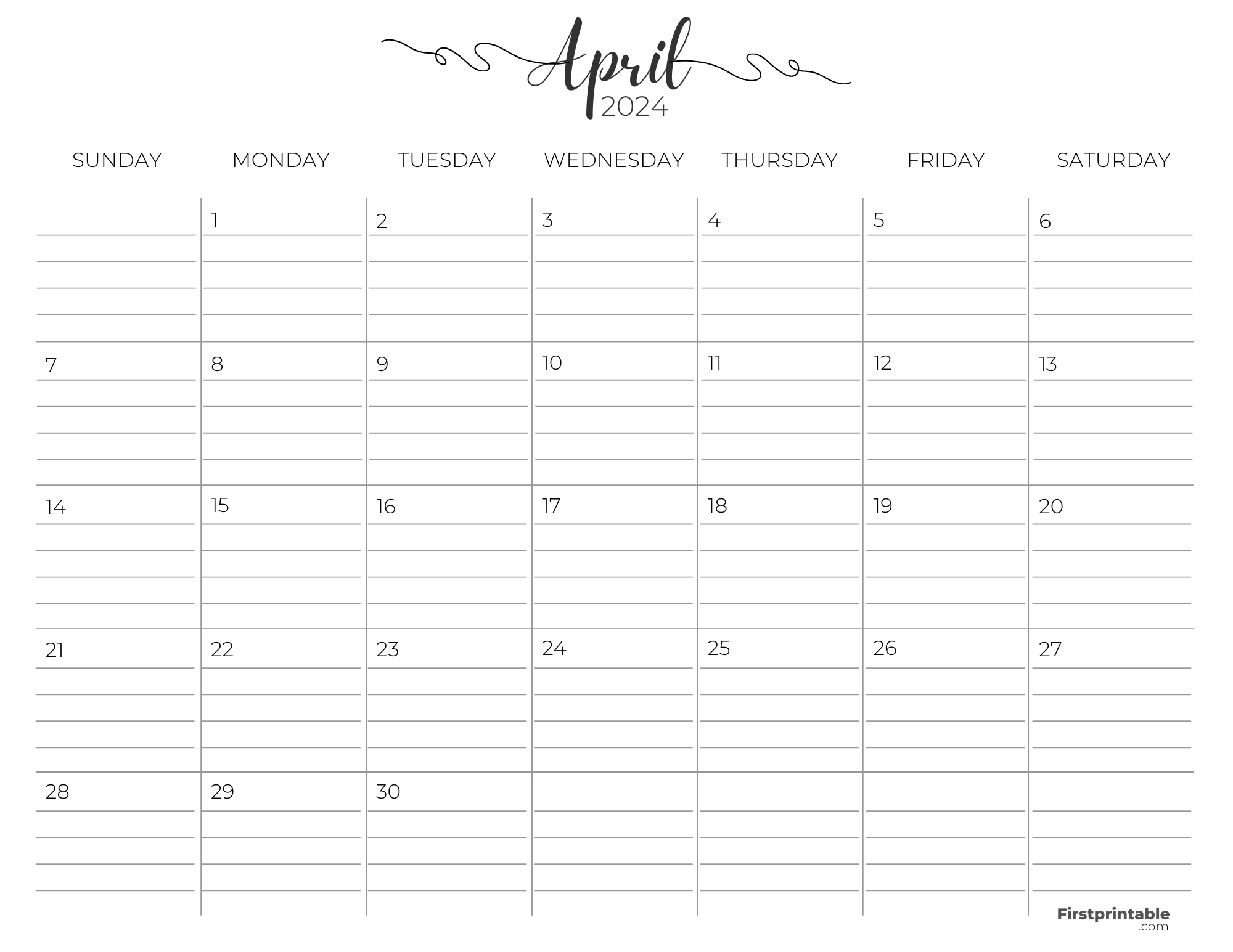 April Calendar 2024 with lines Printable & Fillable