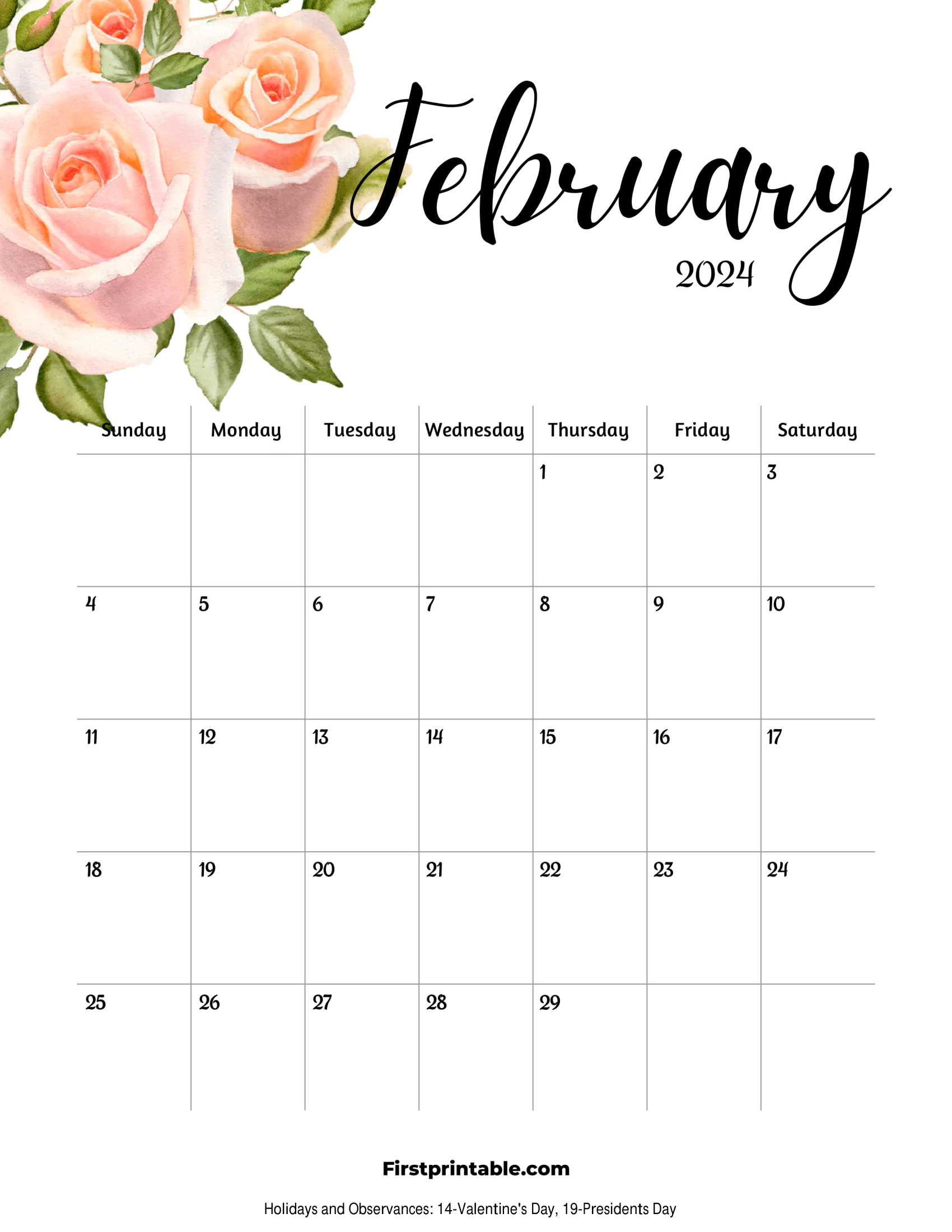 February Calendar 2024 Floral printable & Fillable with Holidays