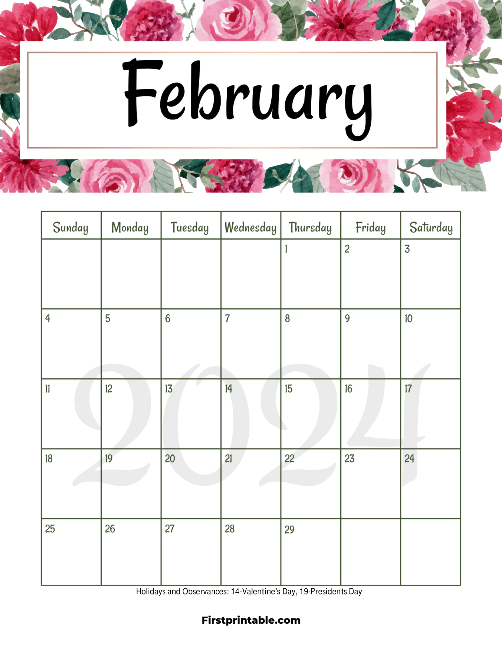 February Calendar 2024 Printable & Fillable Floral with US Holidays