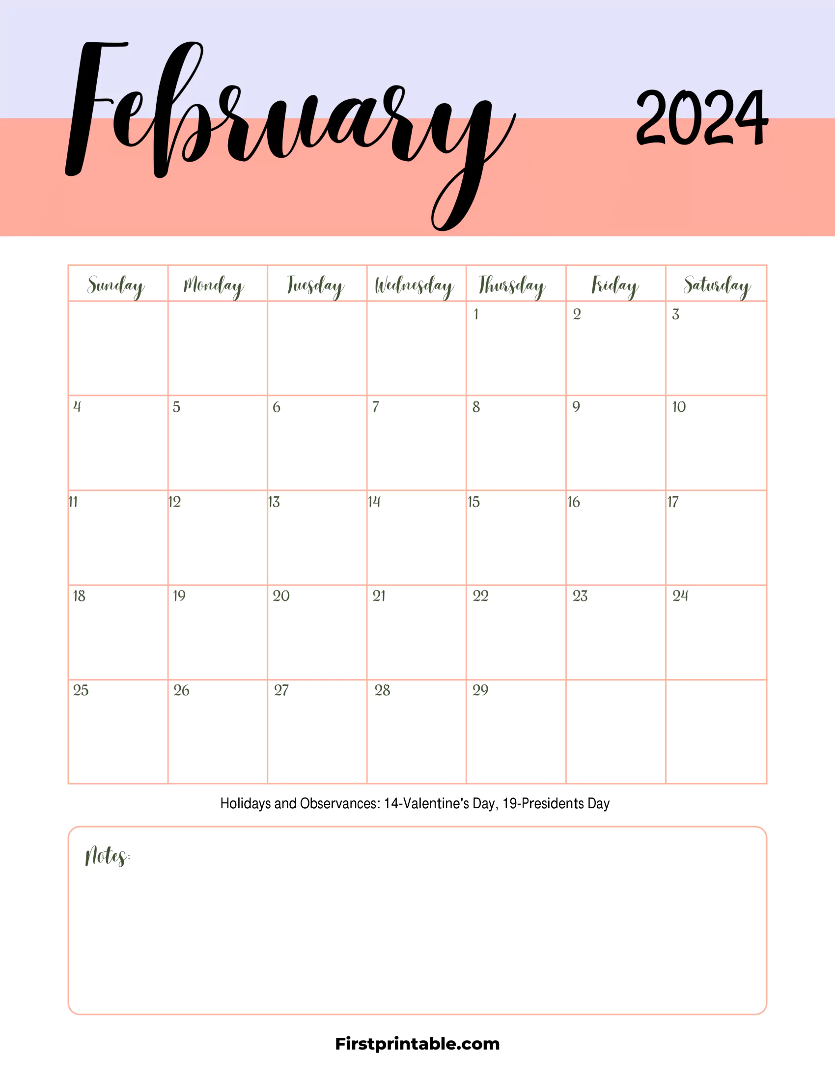 February Calendar 2024 Printable & Fillable with notes (With Holidays)