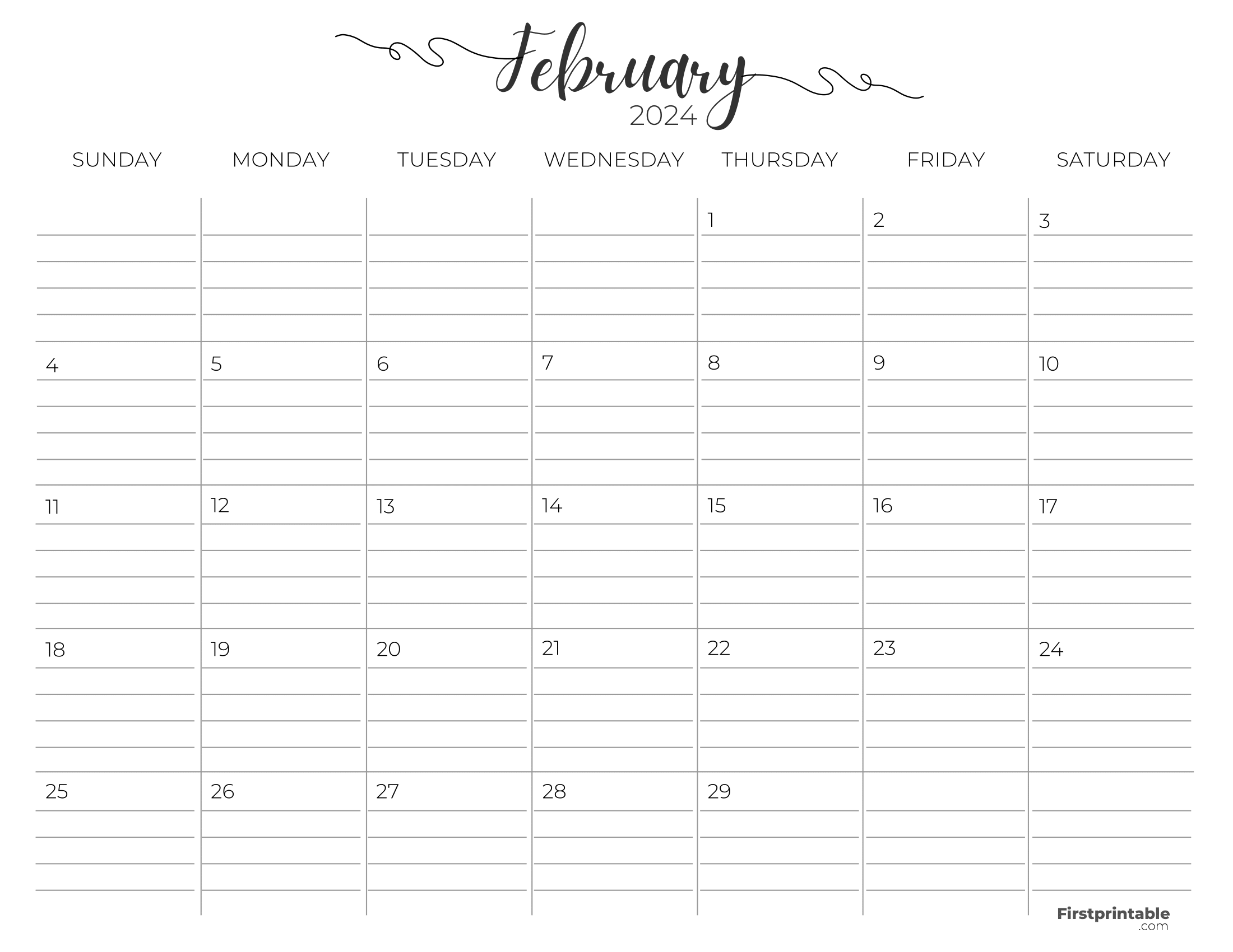 February Calendar 2024 with lines Printable & Fillable