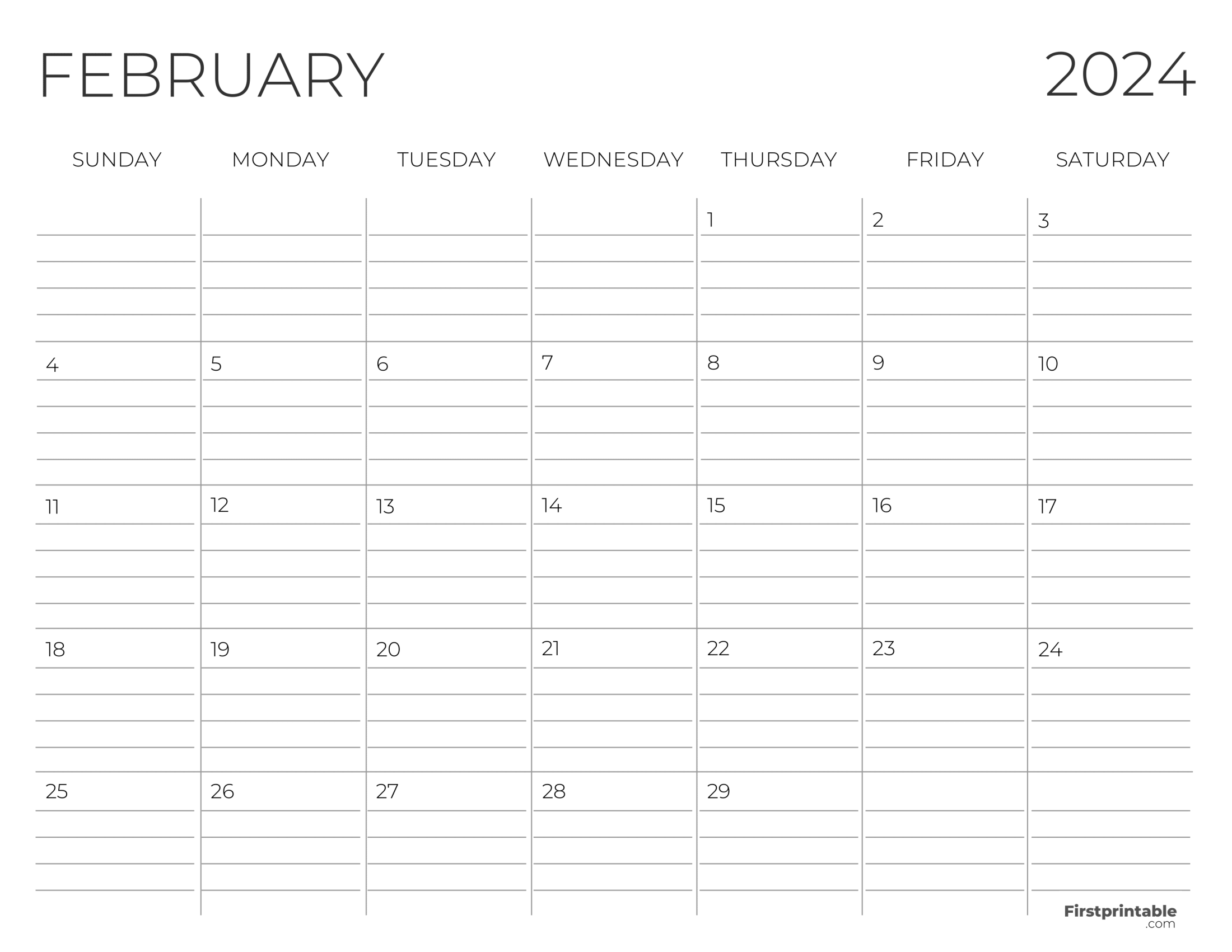 February Calendar 2024 with lines - Printable and Fillable