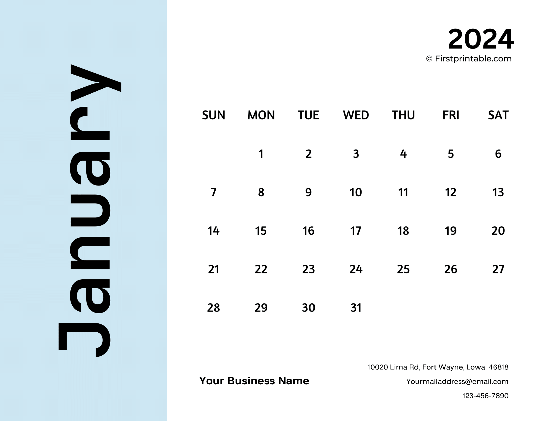 Free Printable, Editable & Fillable January Calendar 2024 business