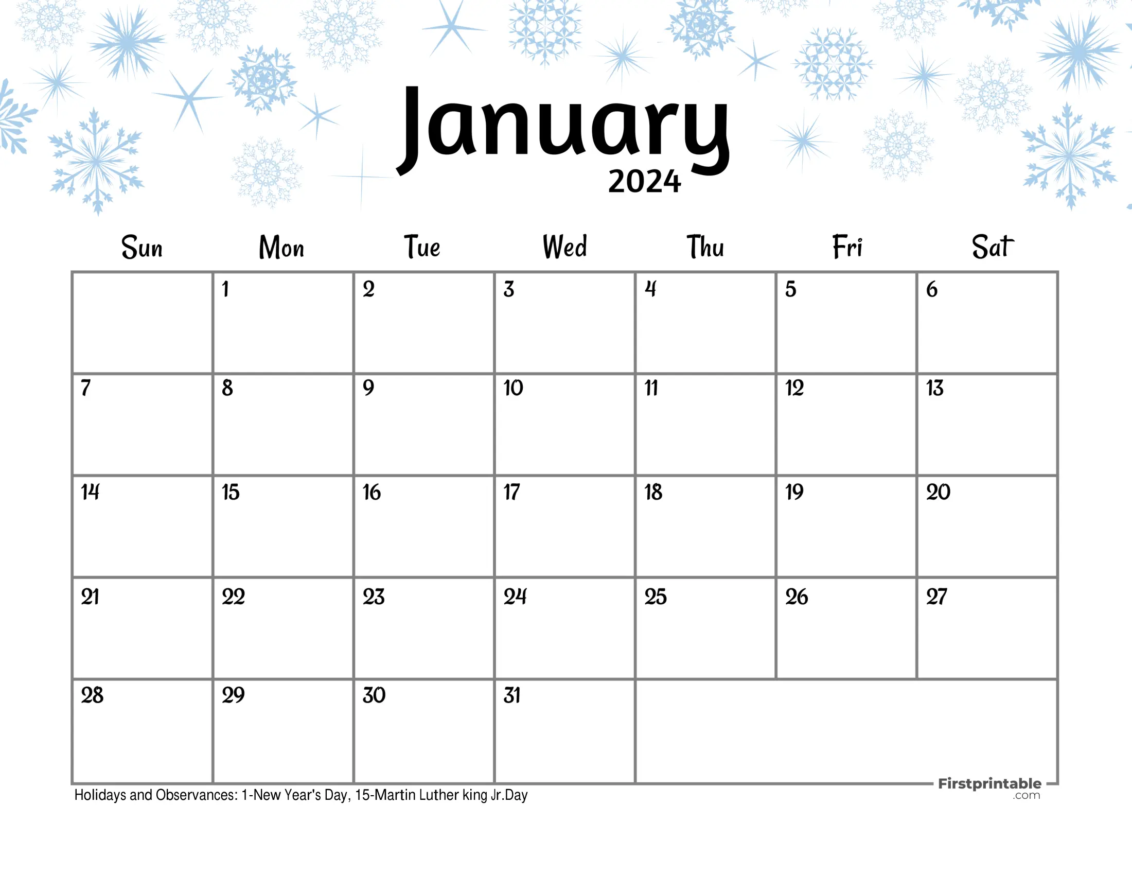 Free Printable & Fillable January Calendar 2024 Free Printable & Fillable January Calendar 2024