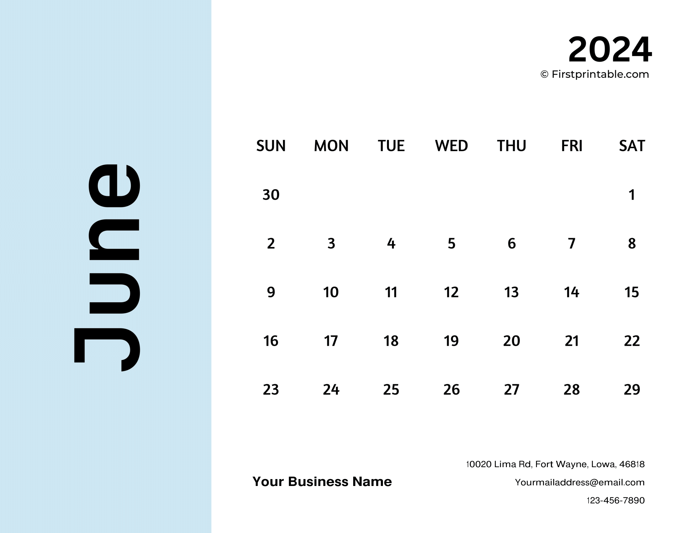 Free Printable, Editable & Fillable June Calendar 2024 business