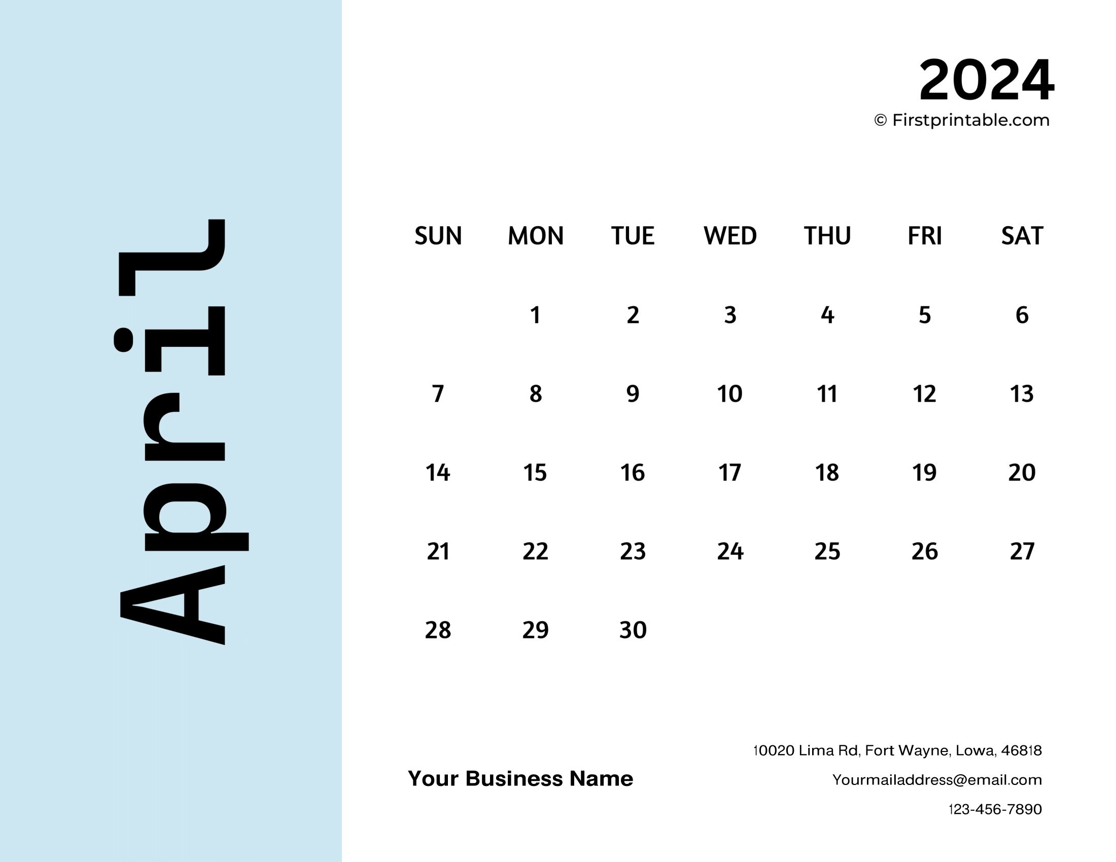 Free Printable & Fillable April Calendar 2024 business