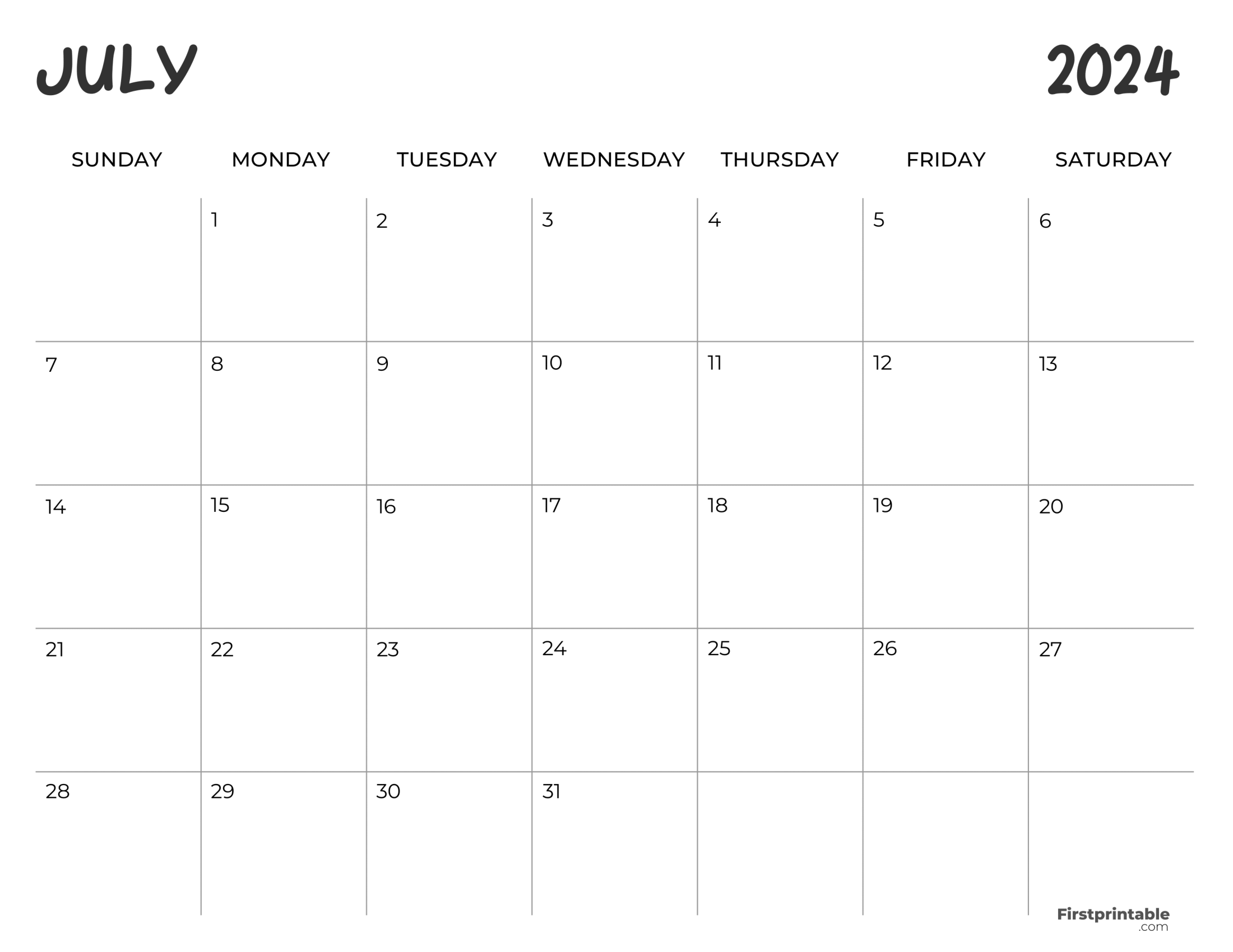 Free Printable & Fillable Calendar July 2024