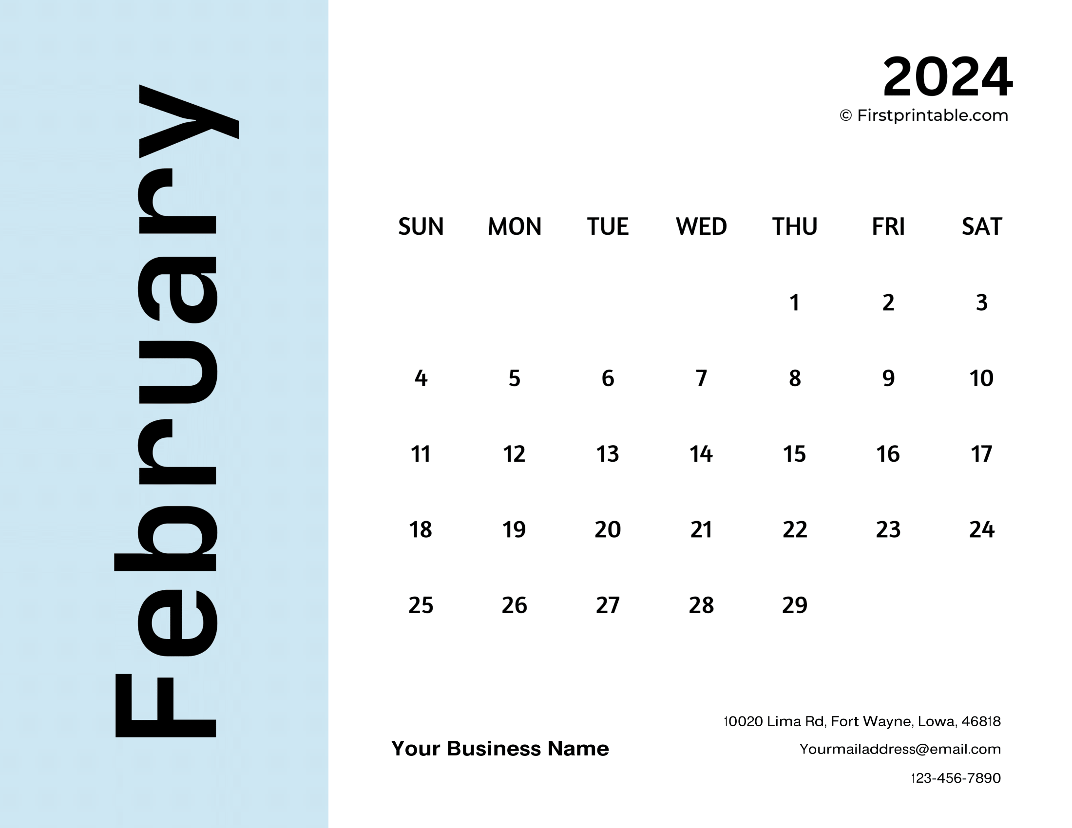 Free Printable, Editable, & Fillable February Calendar 2024 business
