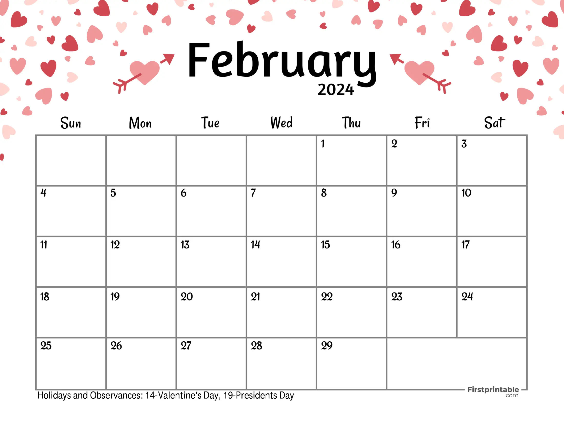 Free Printable & Fillable February Calendar 2024 with US holidays