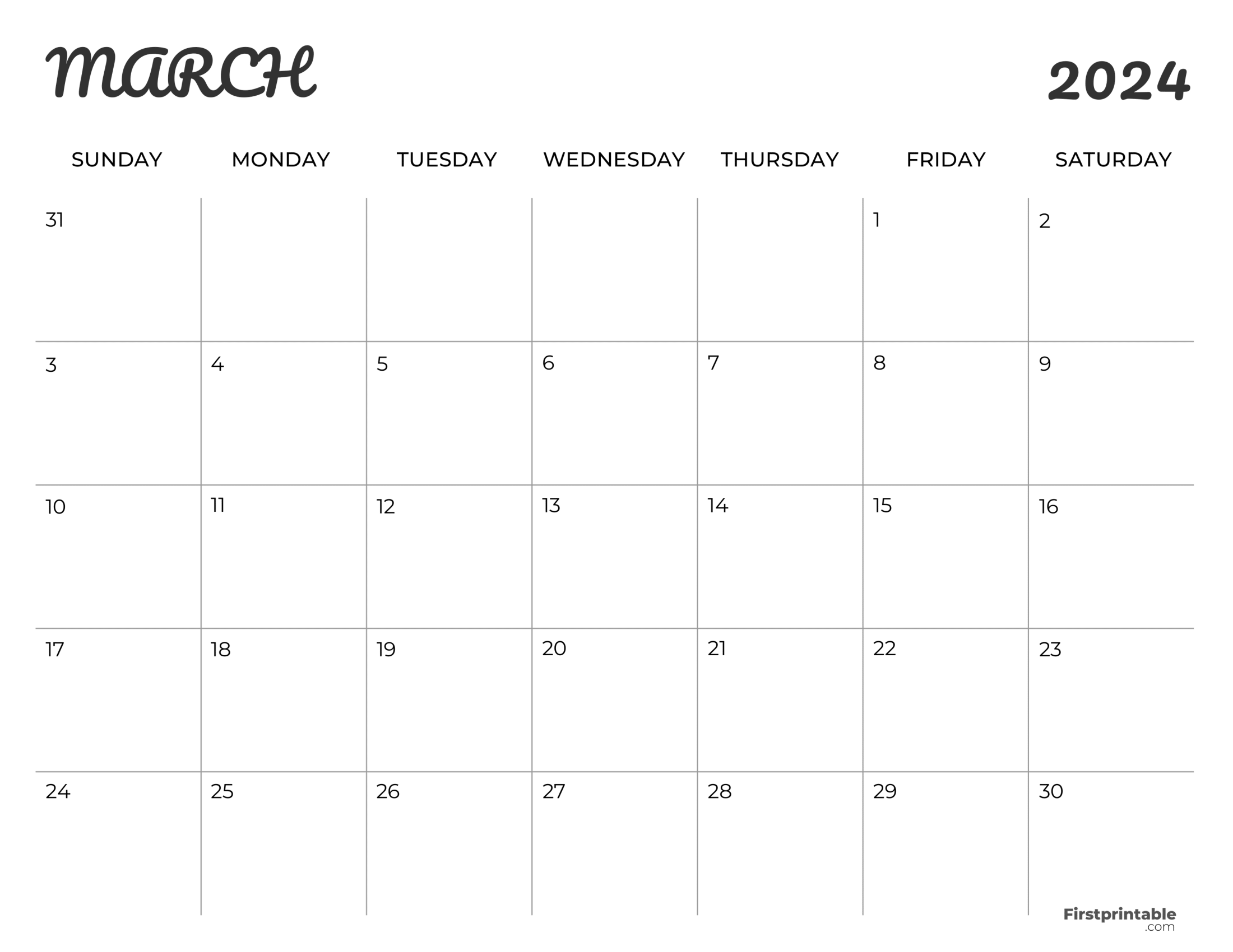Free Printable & Fillable March Calendar 2024 Minimalist