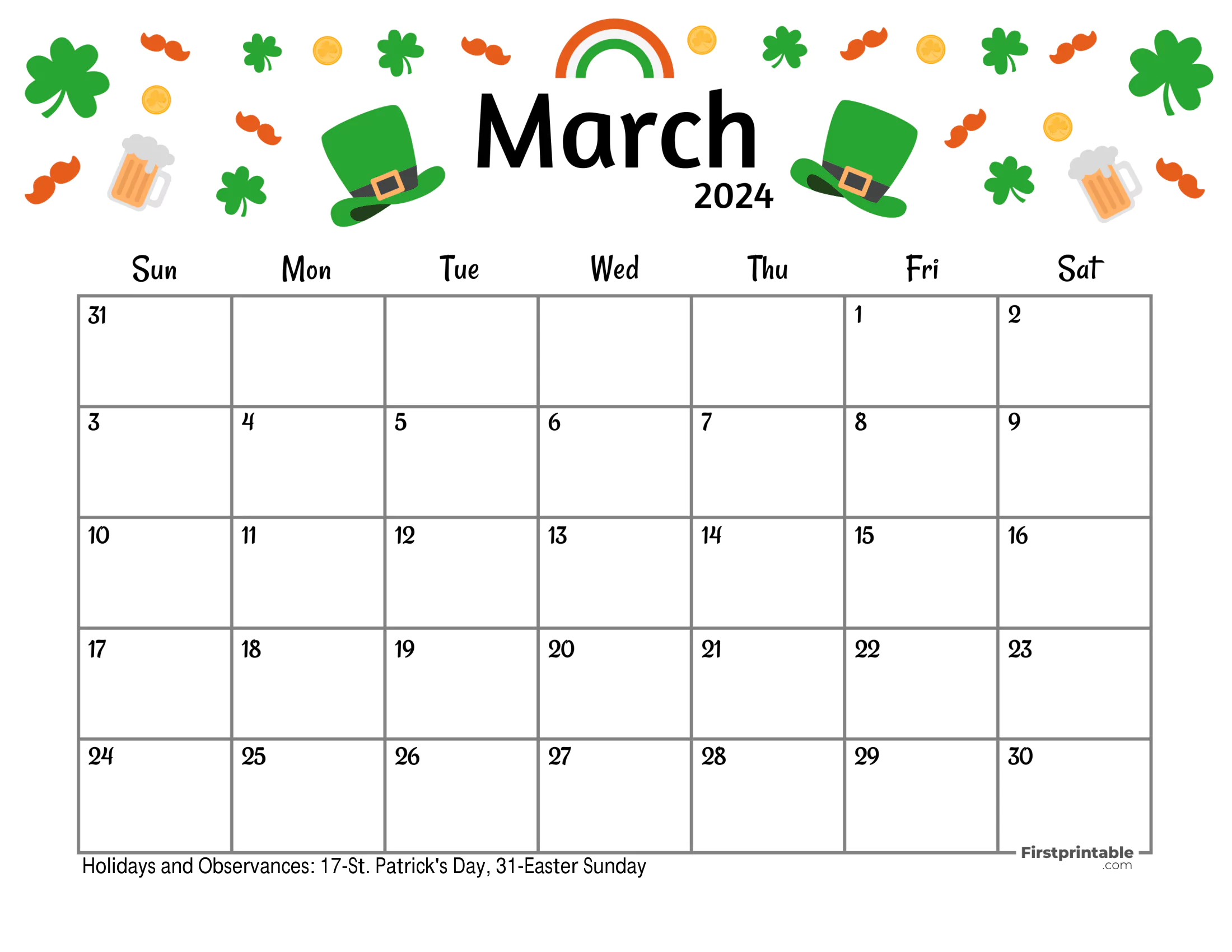 Free Printable & Fillable March Calendar 2024 with US holidays