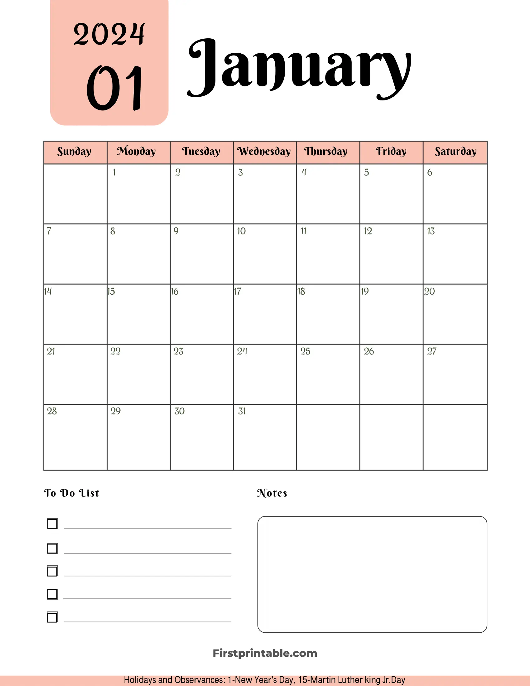 January Calendar 2024 Printable & Fillable Aesthetic Portrait