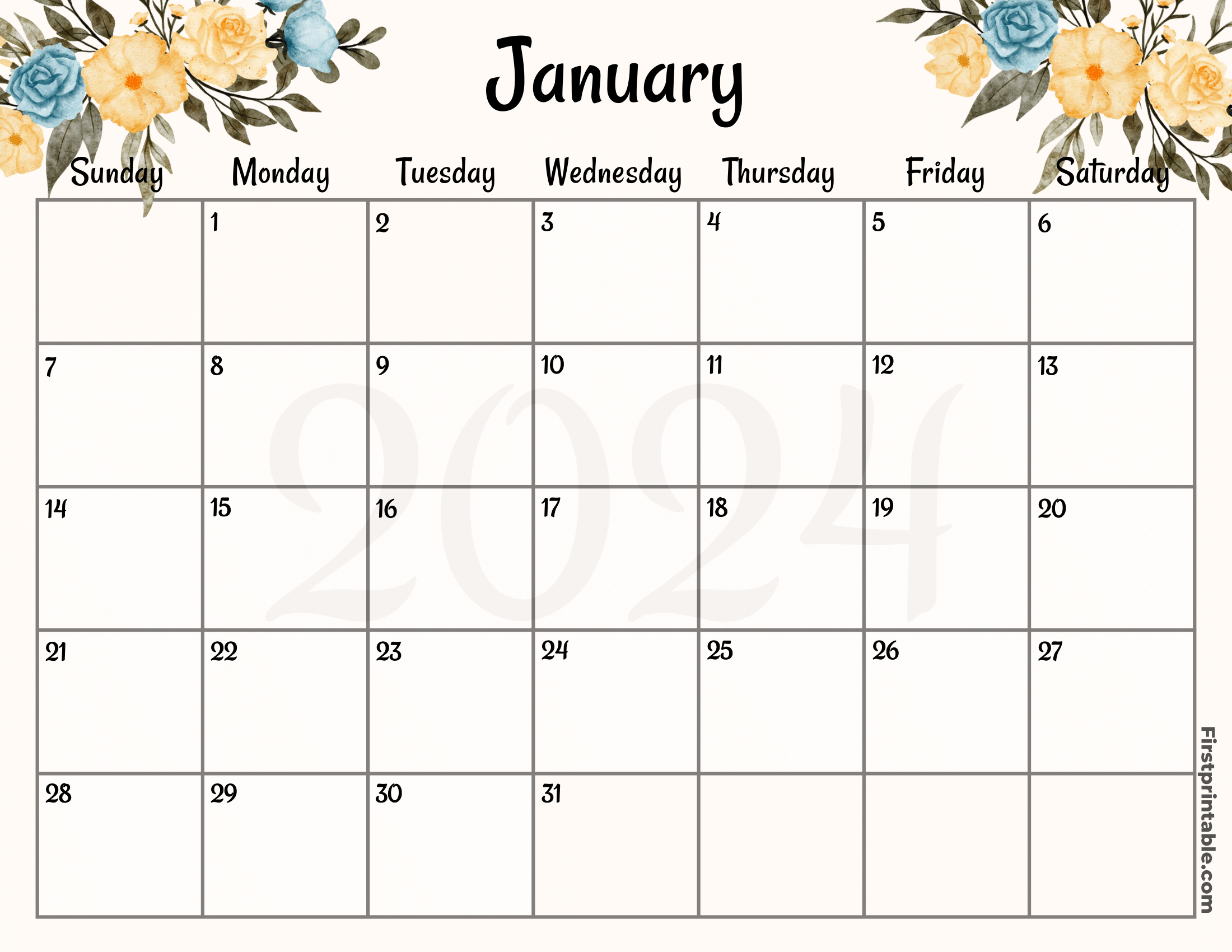 January Calendar 2024 Printable & Fillable Floral
