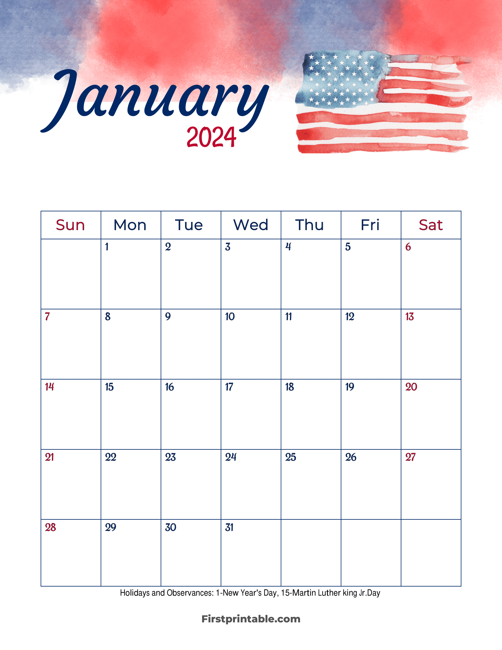 January Calendar 2024 Printable & Fillable with US Holidays