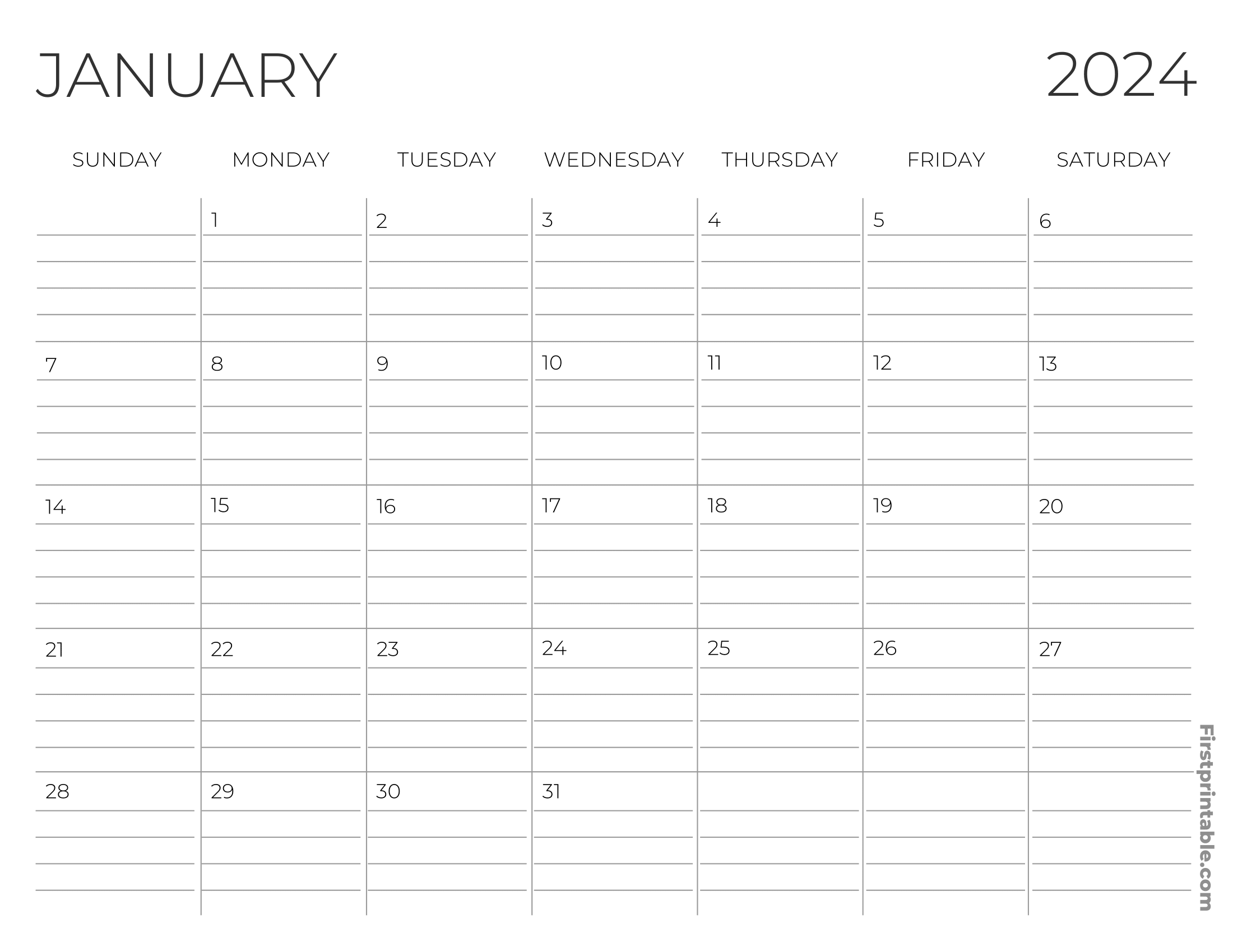 January Calendar 2024 with lines - Printable and Fillable