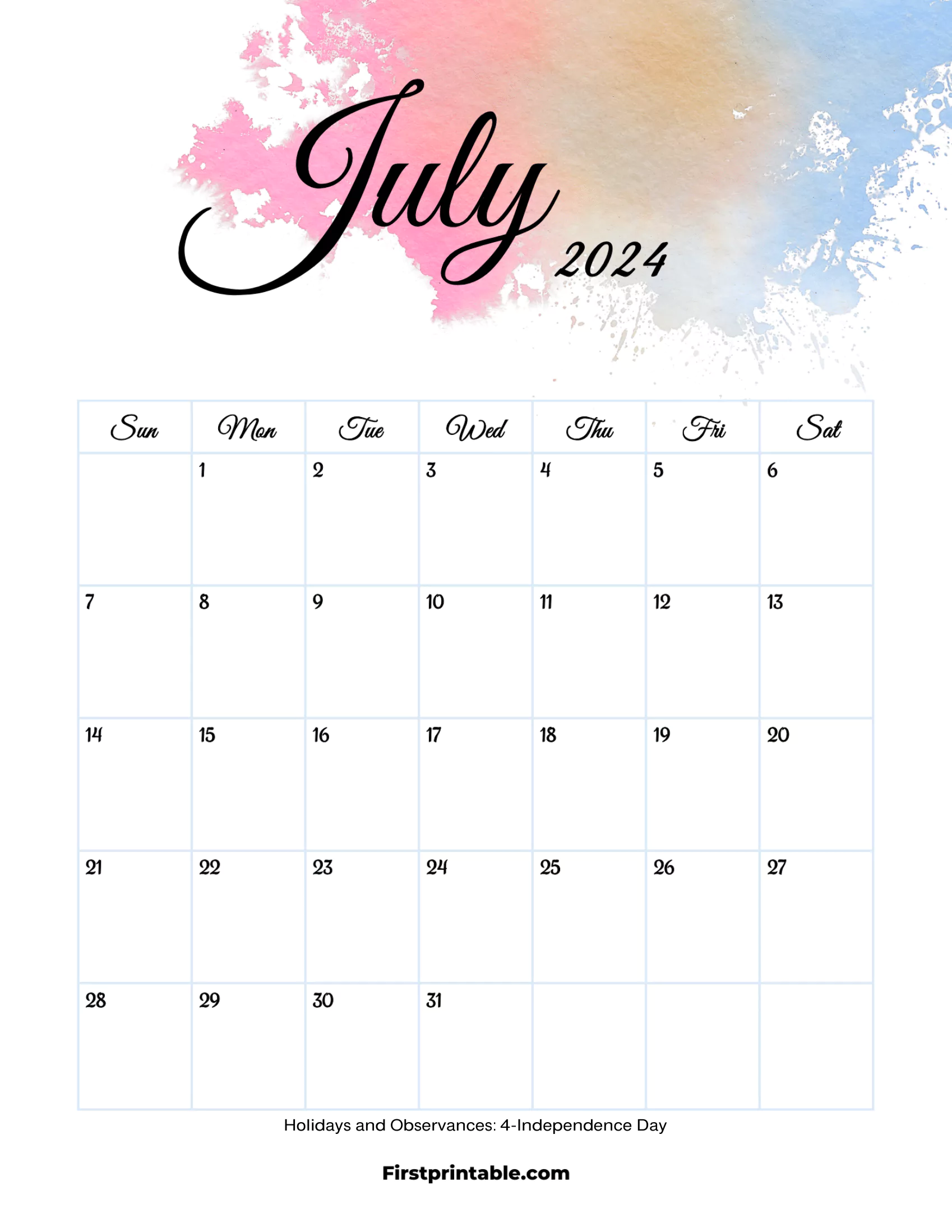 July Calendar 2024 Aesthetic Printable & Fillable