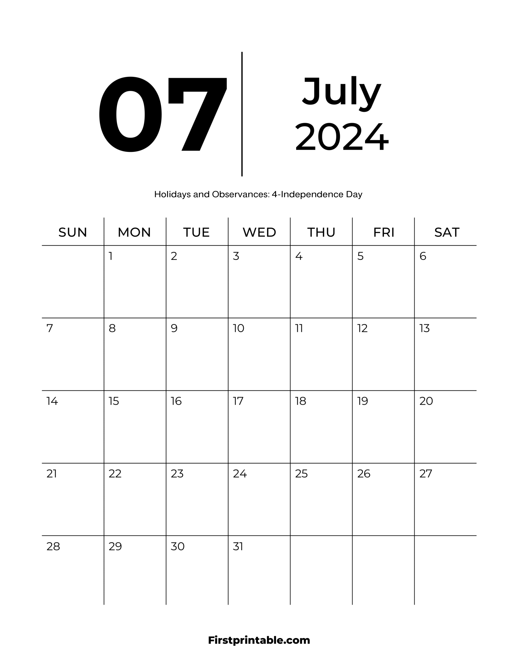 July Calendar 2024 Blank with Holidays Printable & fillable pdf