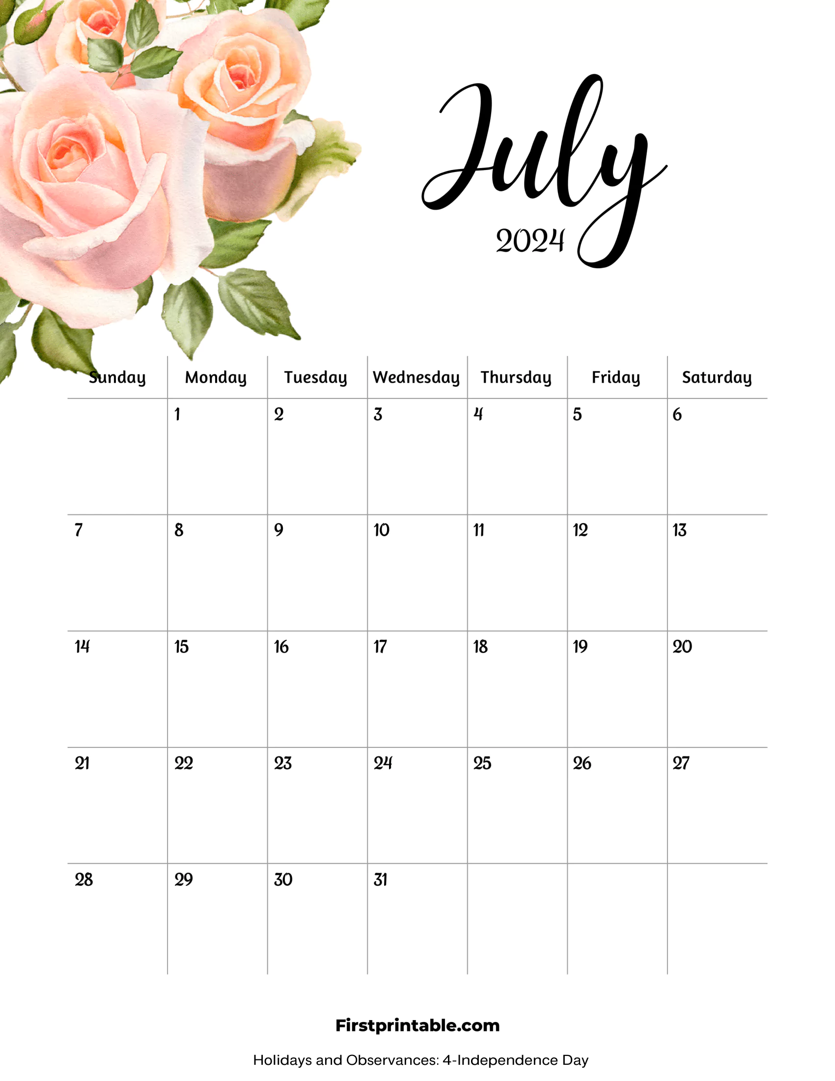 July Calendar 2024 Floral printable & Fillable with Holidays