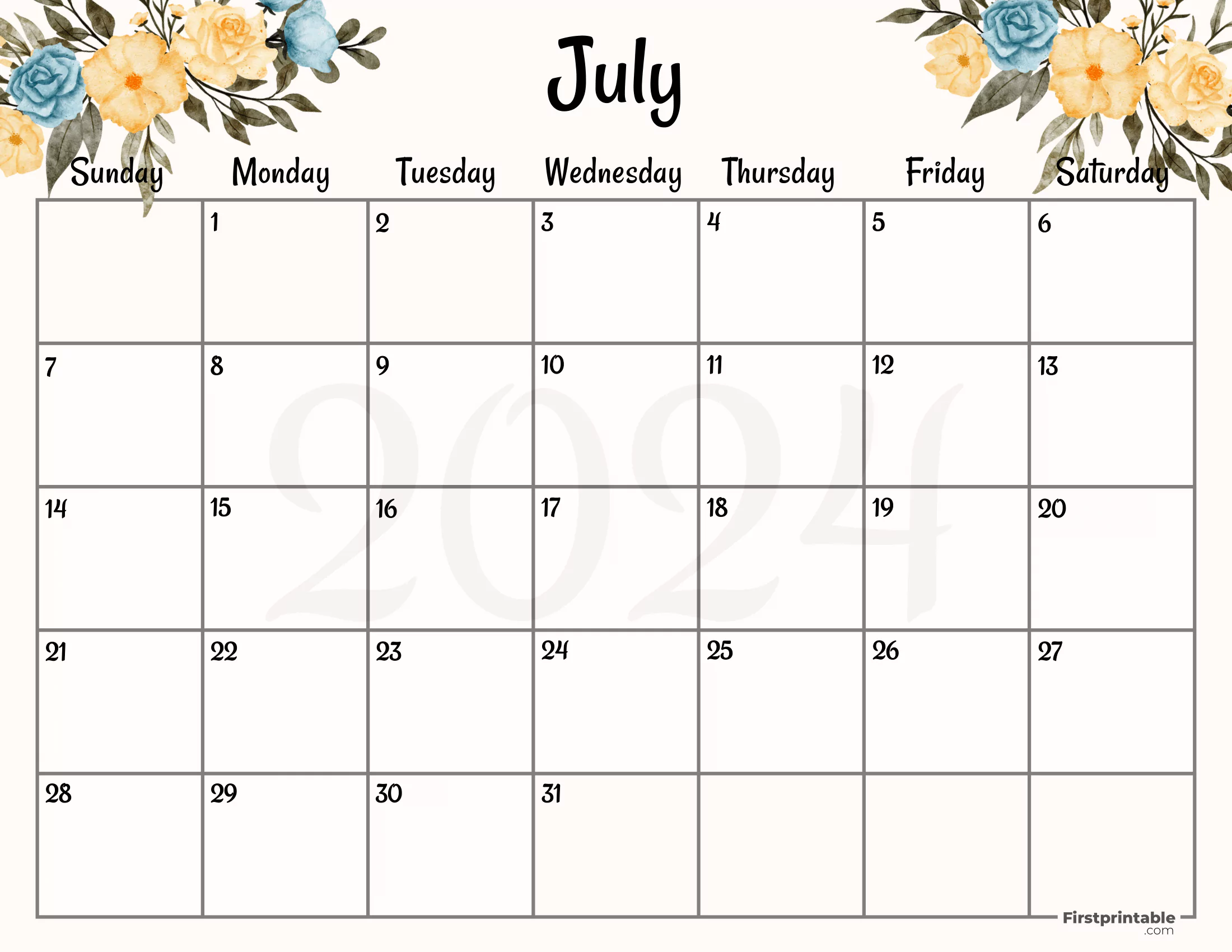 July Calendar 2024 Printable & Fillable Floral