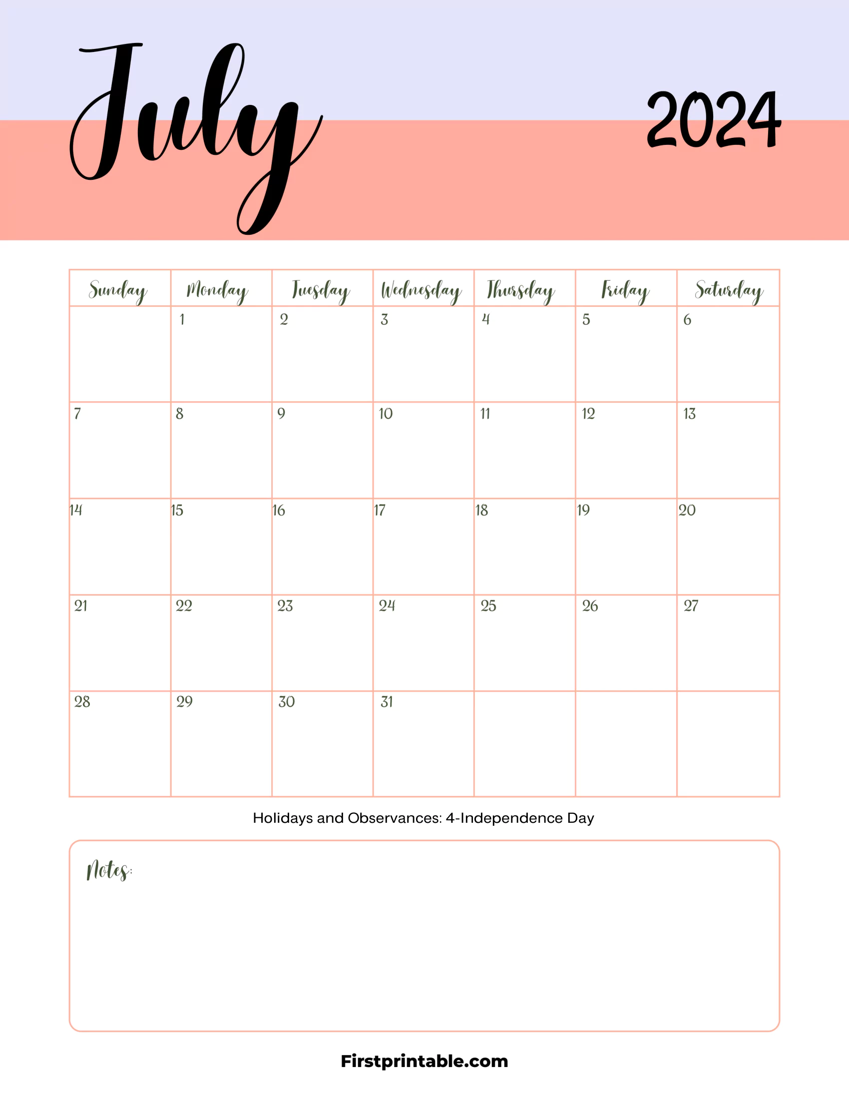July Calendar 2024 Printable & Fillable with notes (With Holidays)