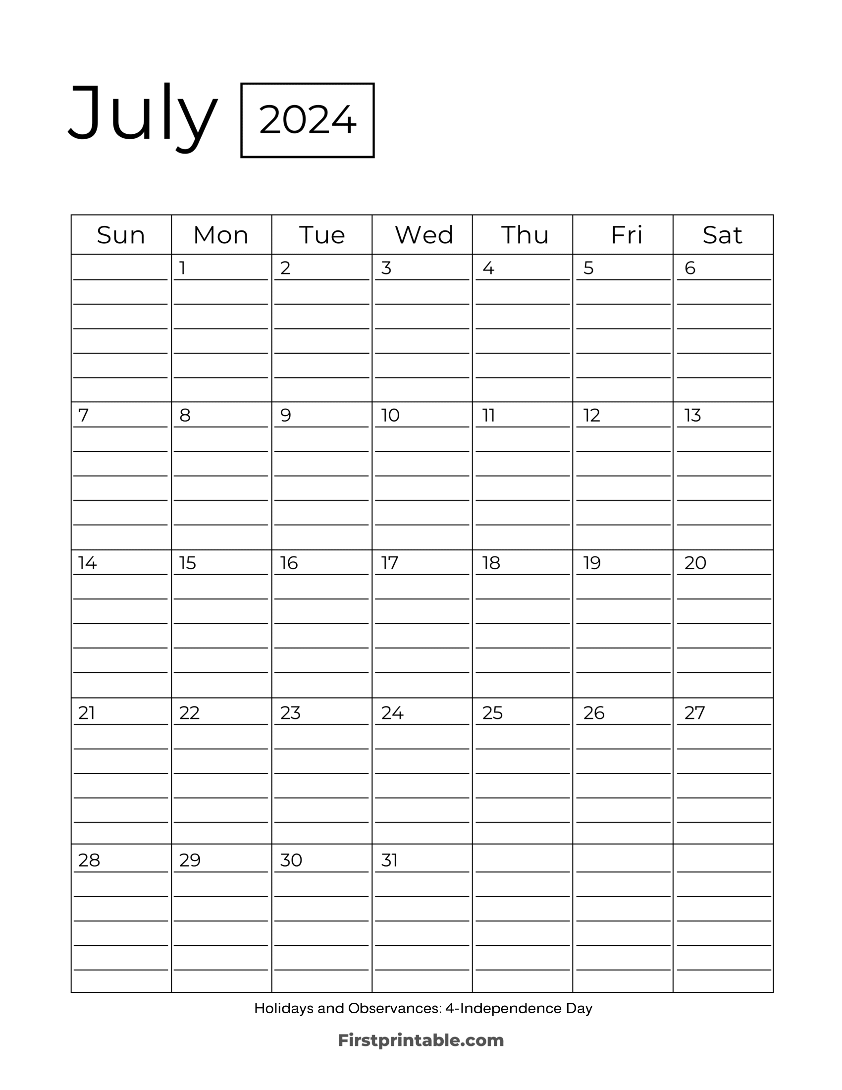 July Calendar 2024 Template with lines Printable & Fillable pdf