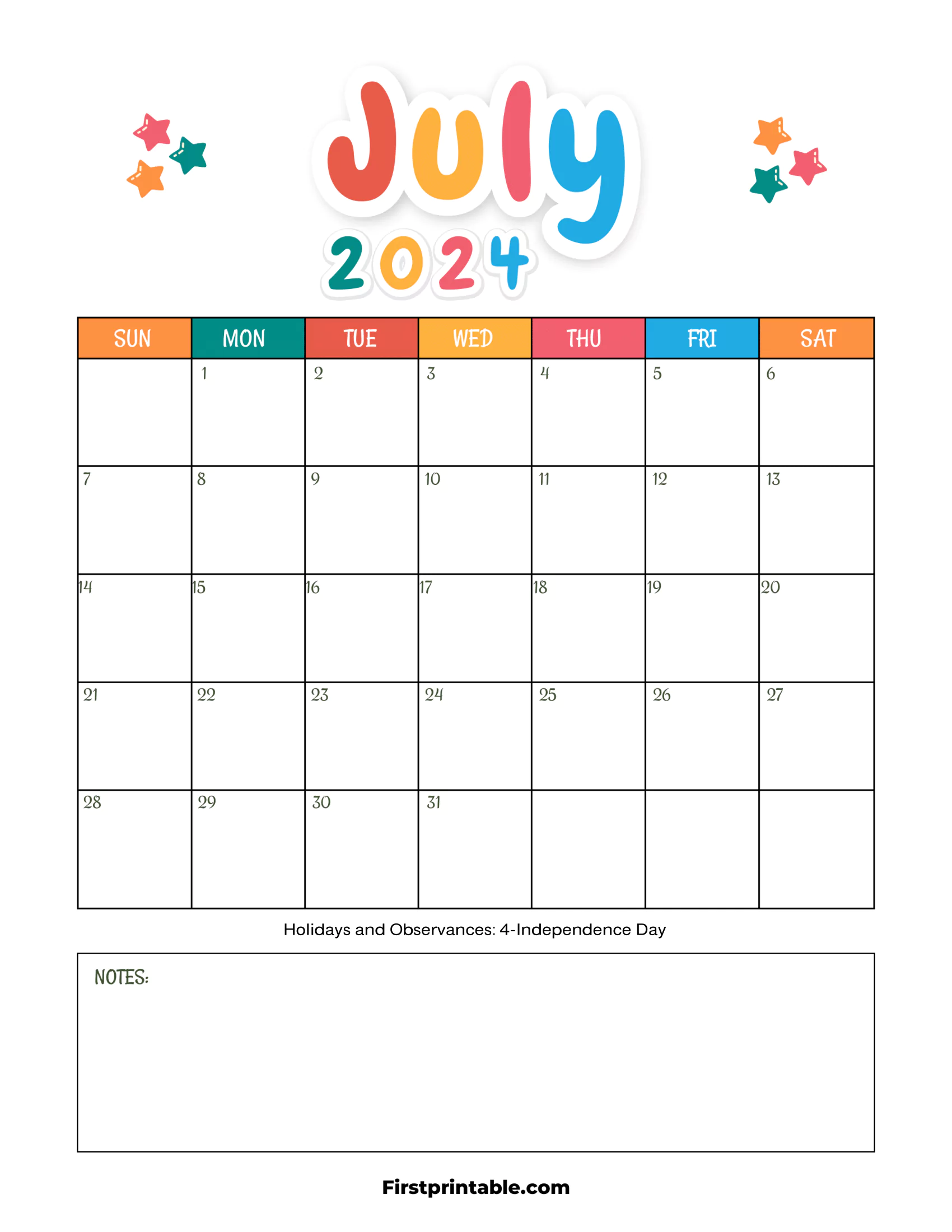 July Calendar 2024 for kids Printable & fillable