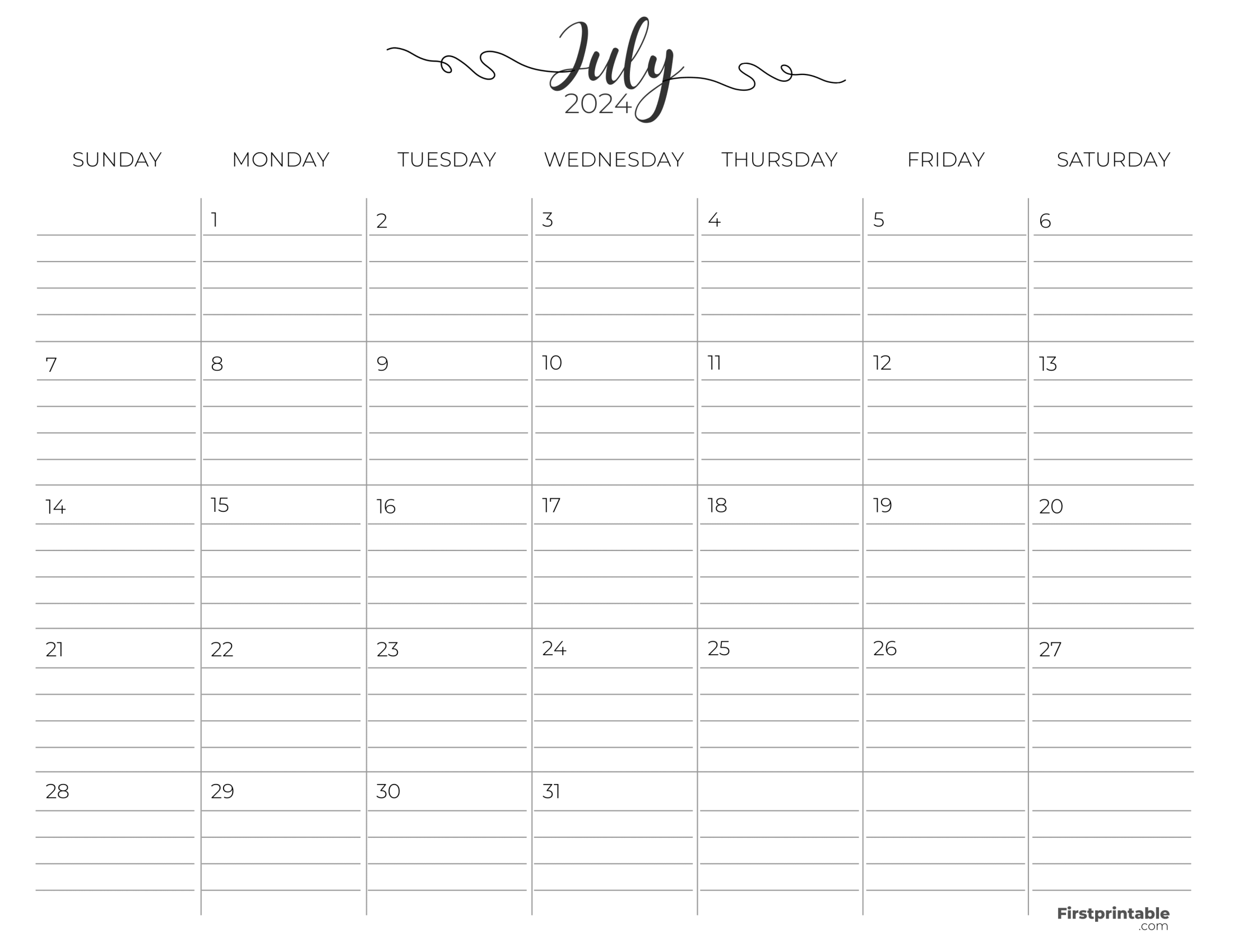 July Calendar 2024 with lines Printable & Fillable