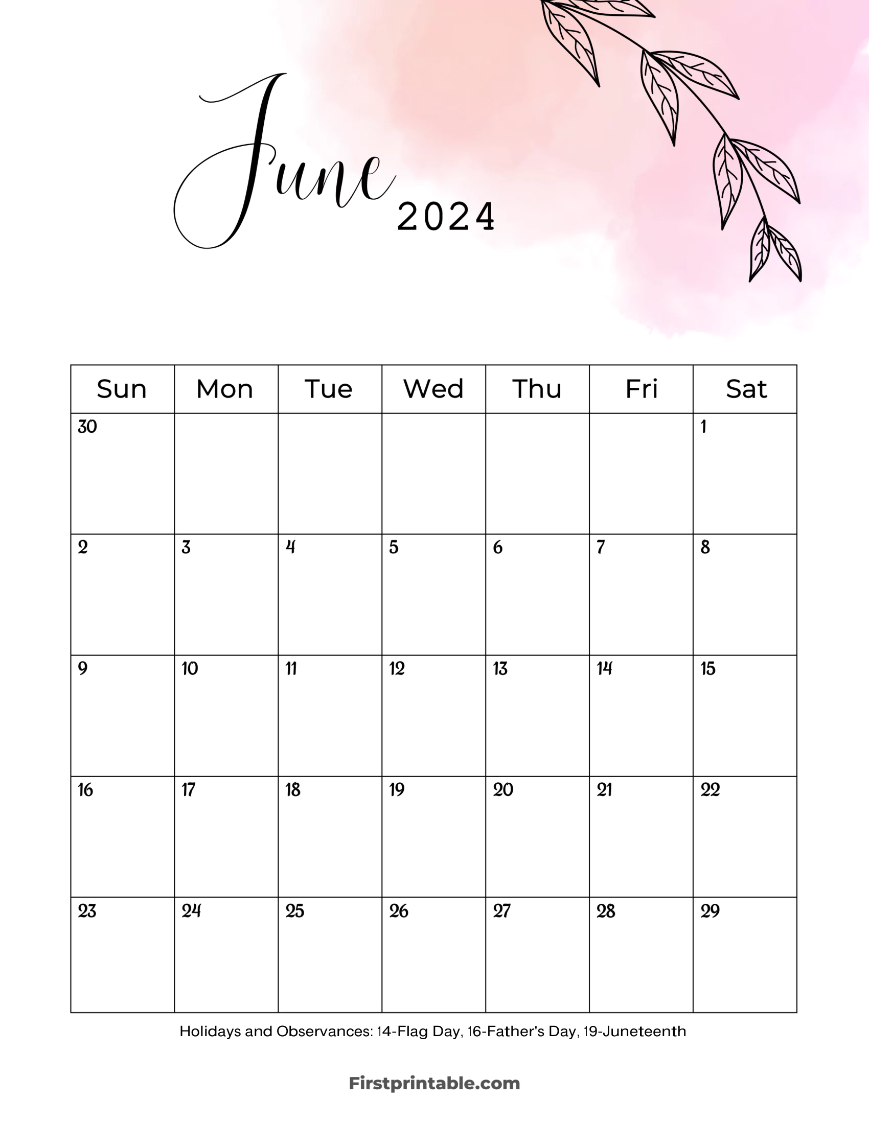 June Calendar 2024 Floral Printable & Fillable