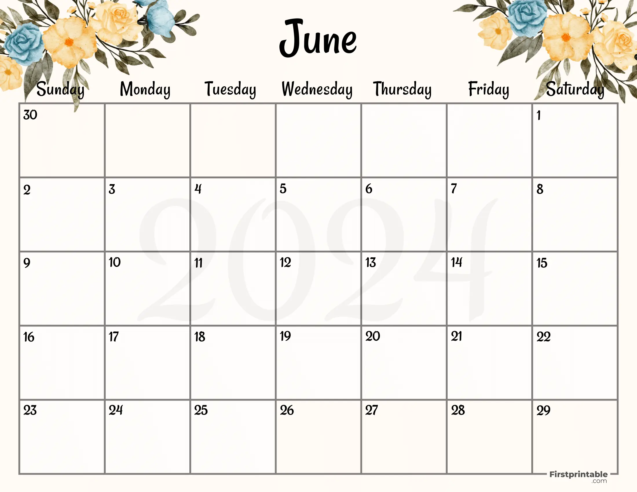 June Calendar 2024 Printable & Fillable Floral