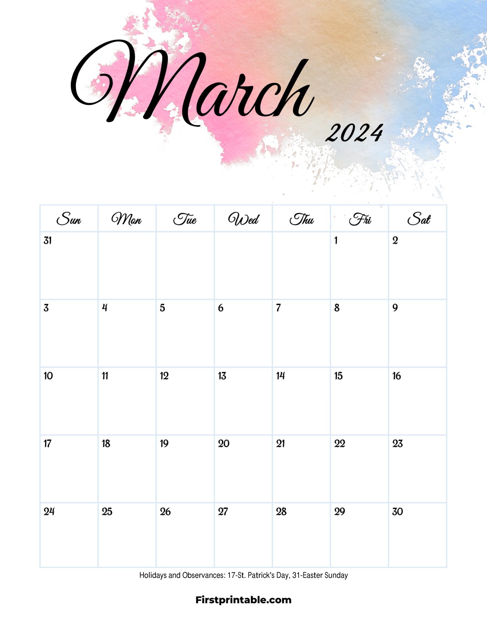 March Calendar 2024 Aesthetic Printable & Fillable