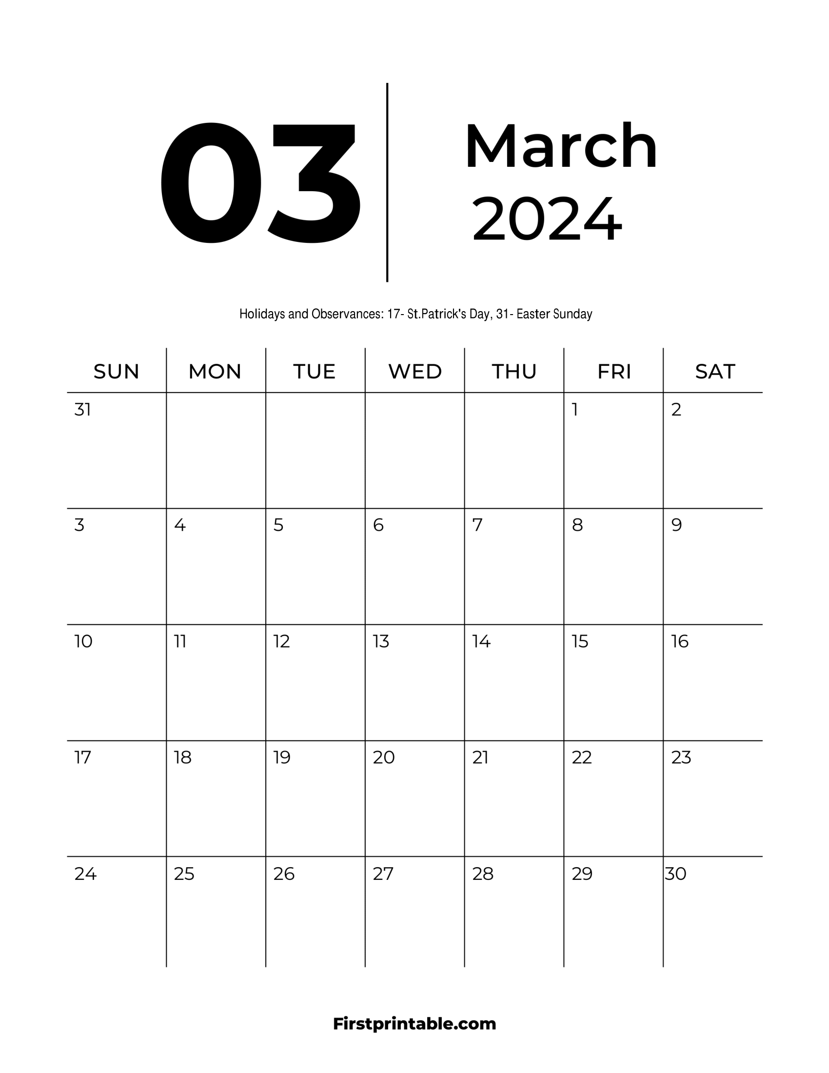 March Calendar 2024 Blank with Holidays Printable & fillable pdf