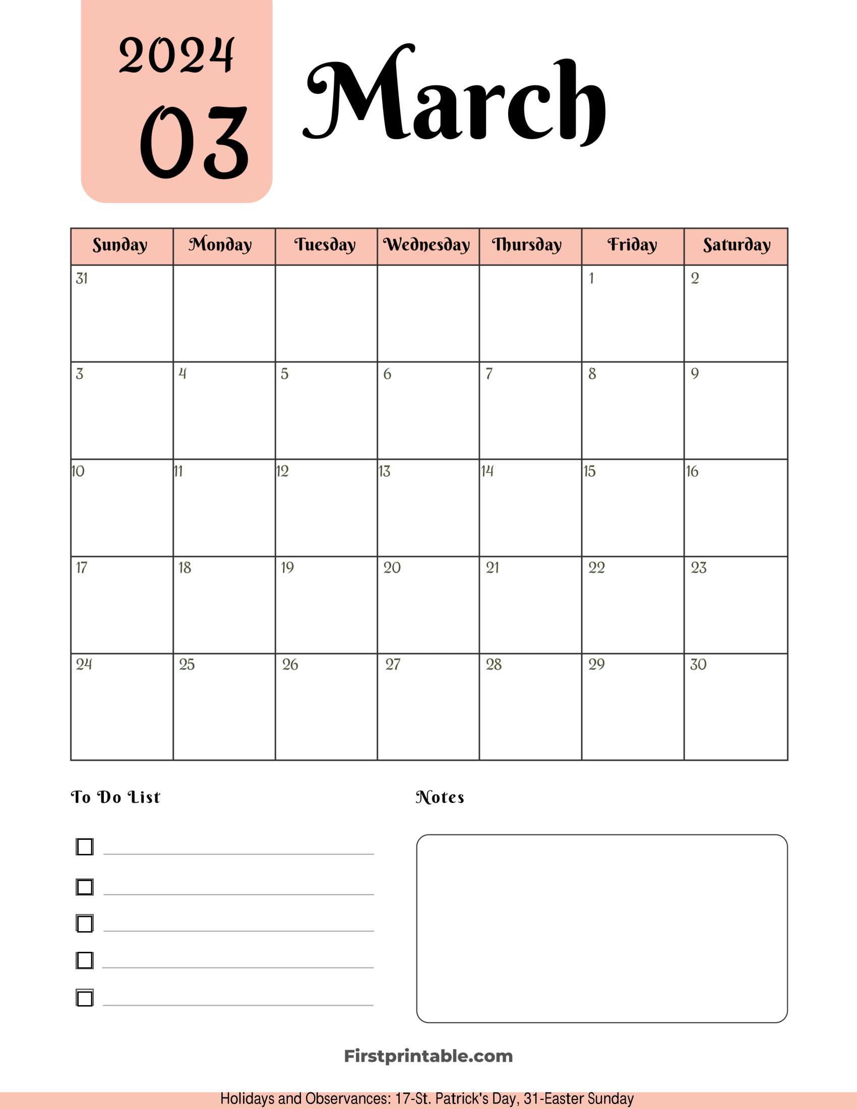 Free Printable & Fillable March Calendar 2024