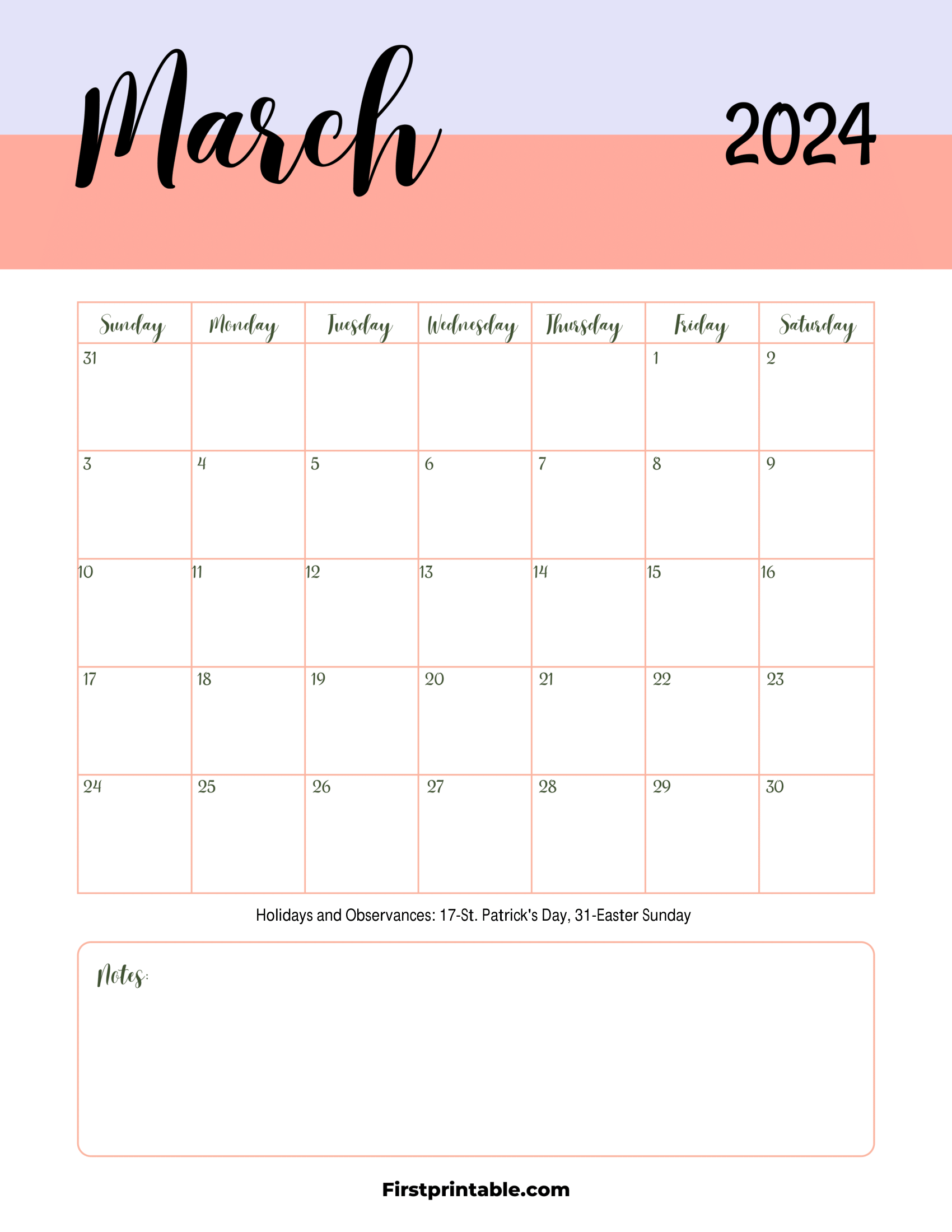 March Calendar 2024 Printable & Fillable with notes (With Holidays)