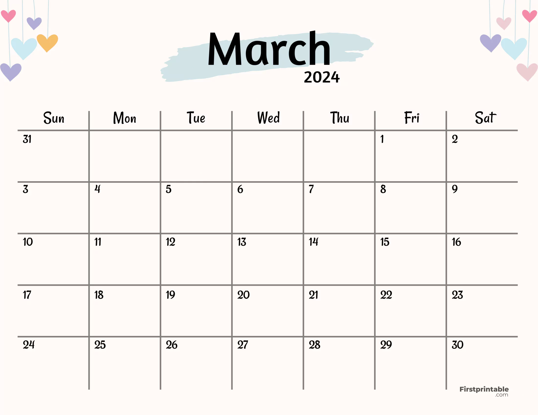 March Calendar 2024 template - Printable and Fillable