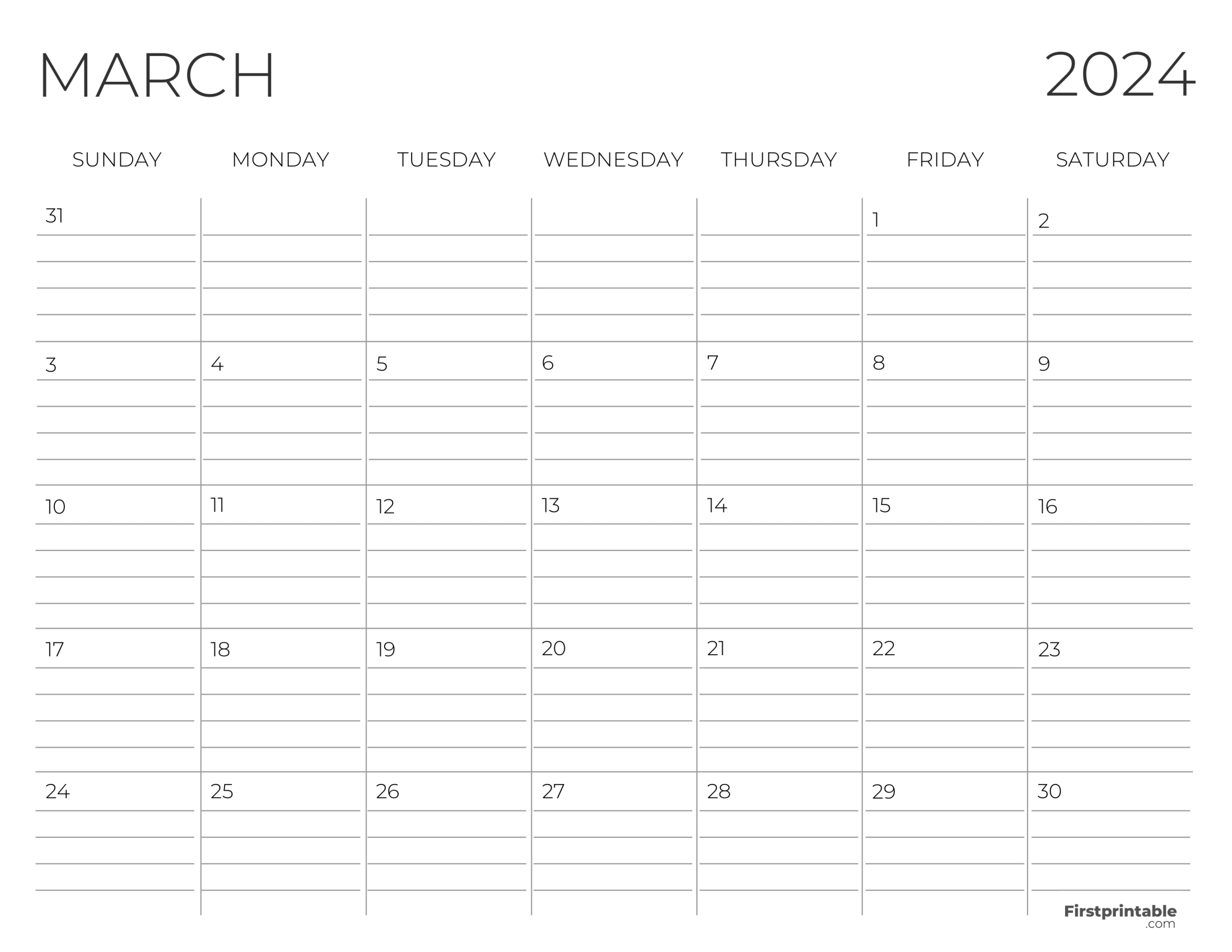 March Calendar 2024 with lines - Printable and Fillable