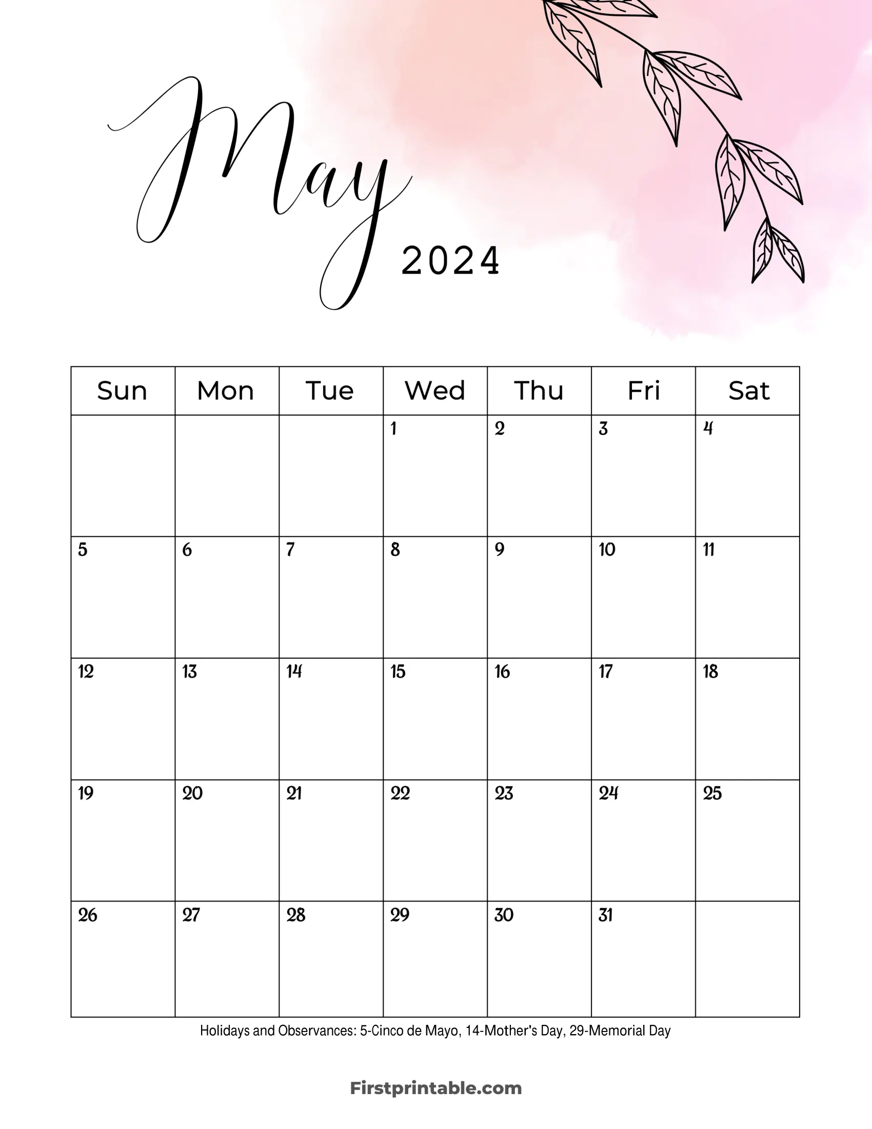 May Calendar 2024 Floral Printable & Fillable