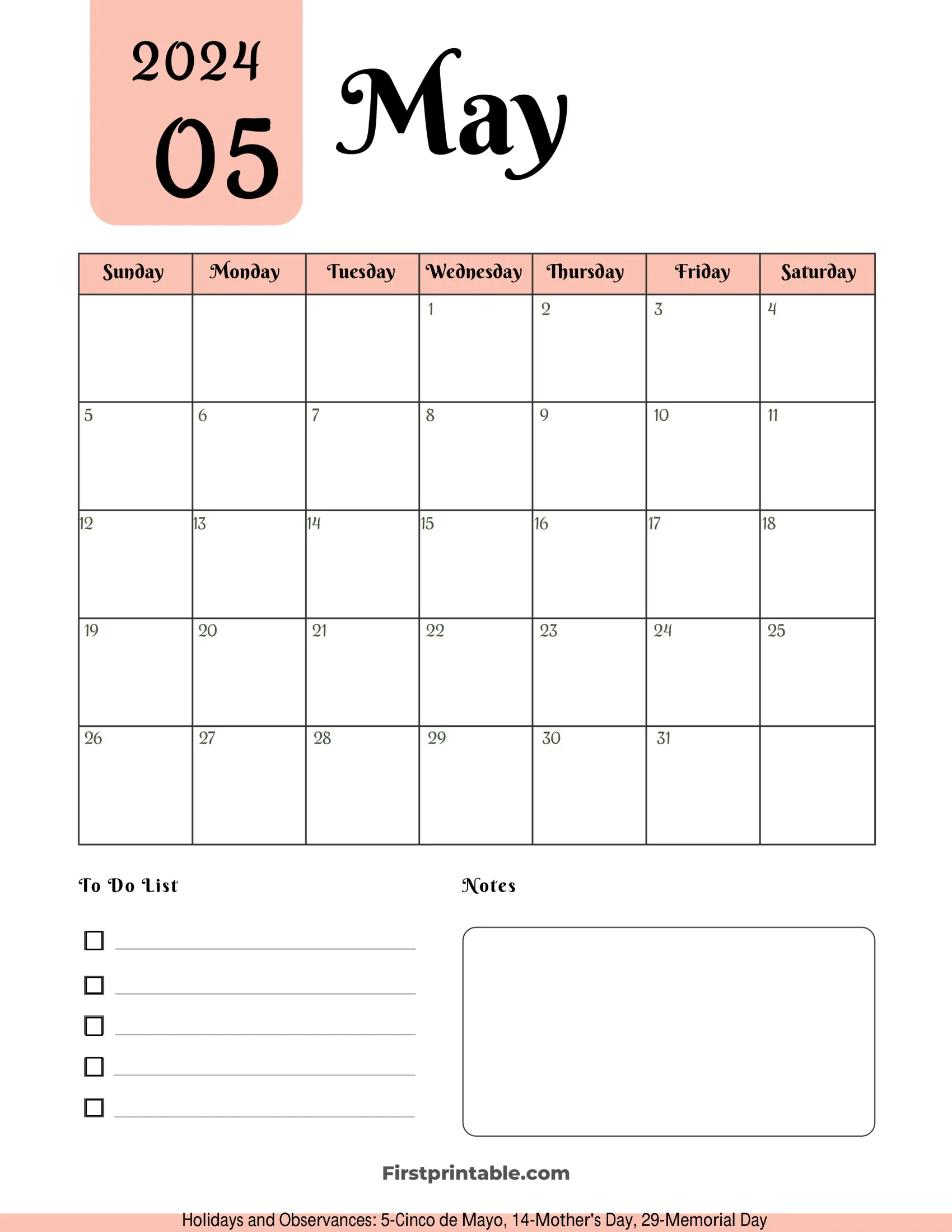 Free Printable & Fillable May Calendar 2024